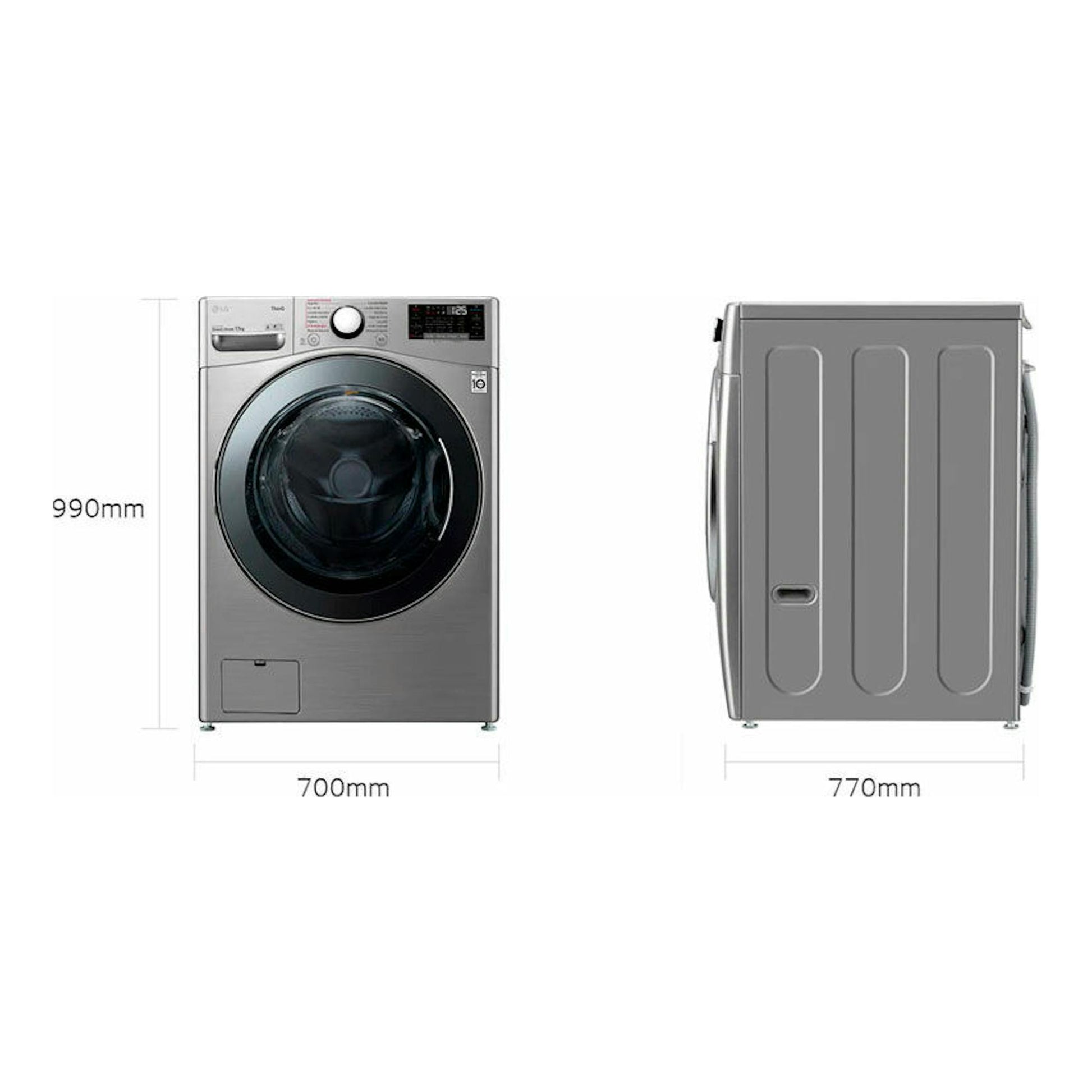 Lavadora LG F1P1CY2T de carga frontal, color plateado, vista frontal y lateral con medidas 990x700x770 mm.