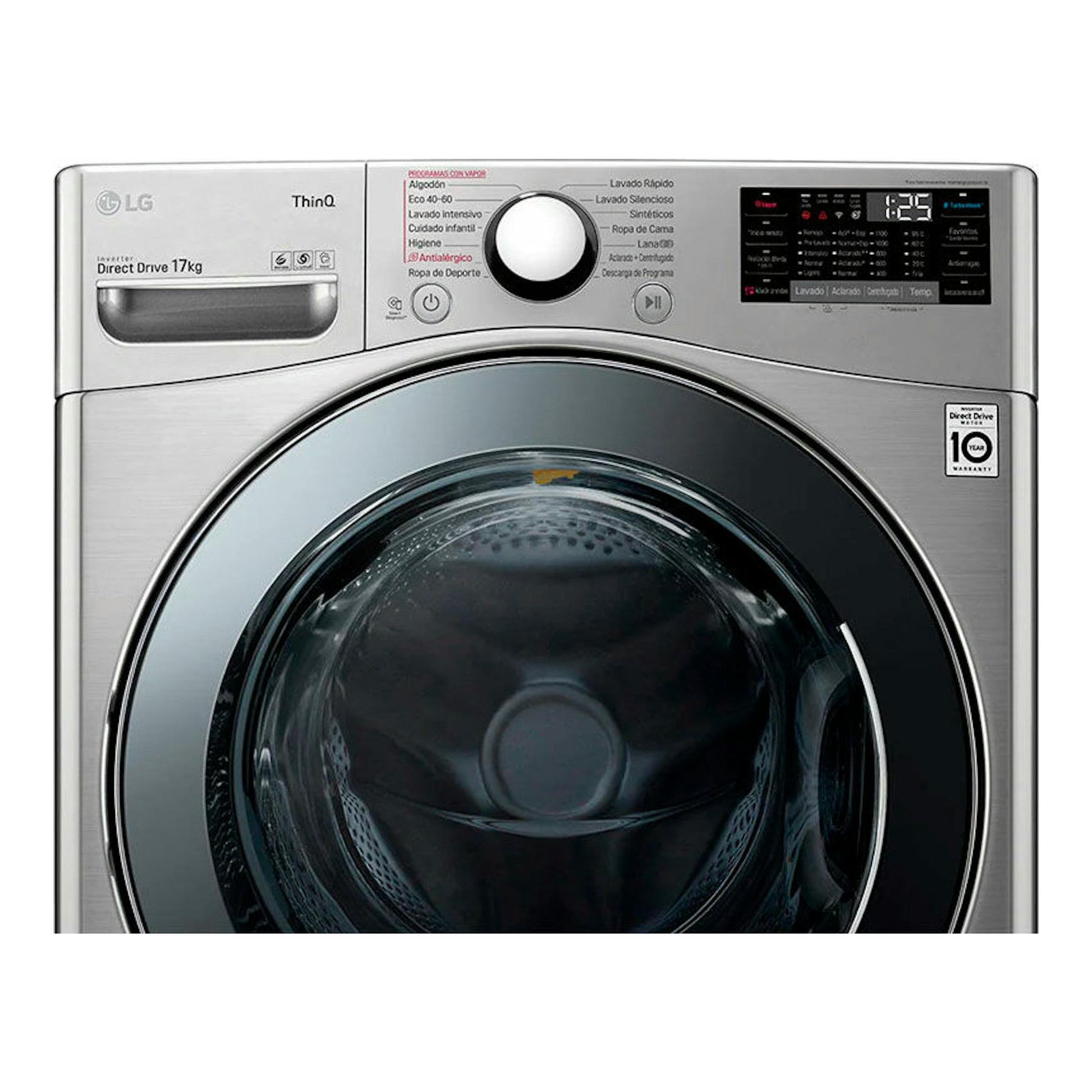 Lavadora LG F1P1CY2T plateada de 17 kg, vista frontal, con carga frontal y panel digital.