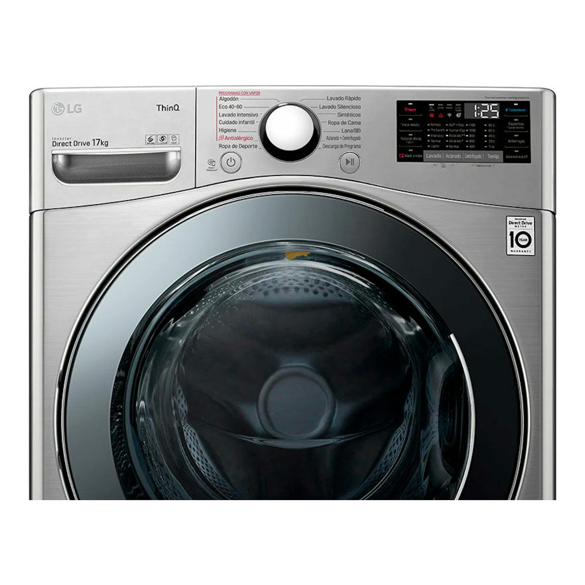 Lavadora LG F1P1CY2T plateada de 17 kg, vista frontal, con carga frontal y panel digital.