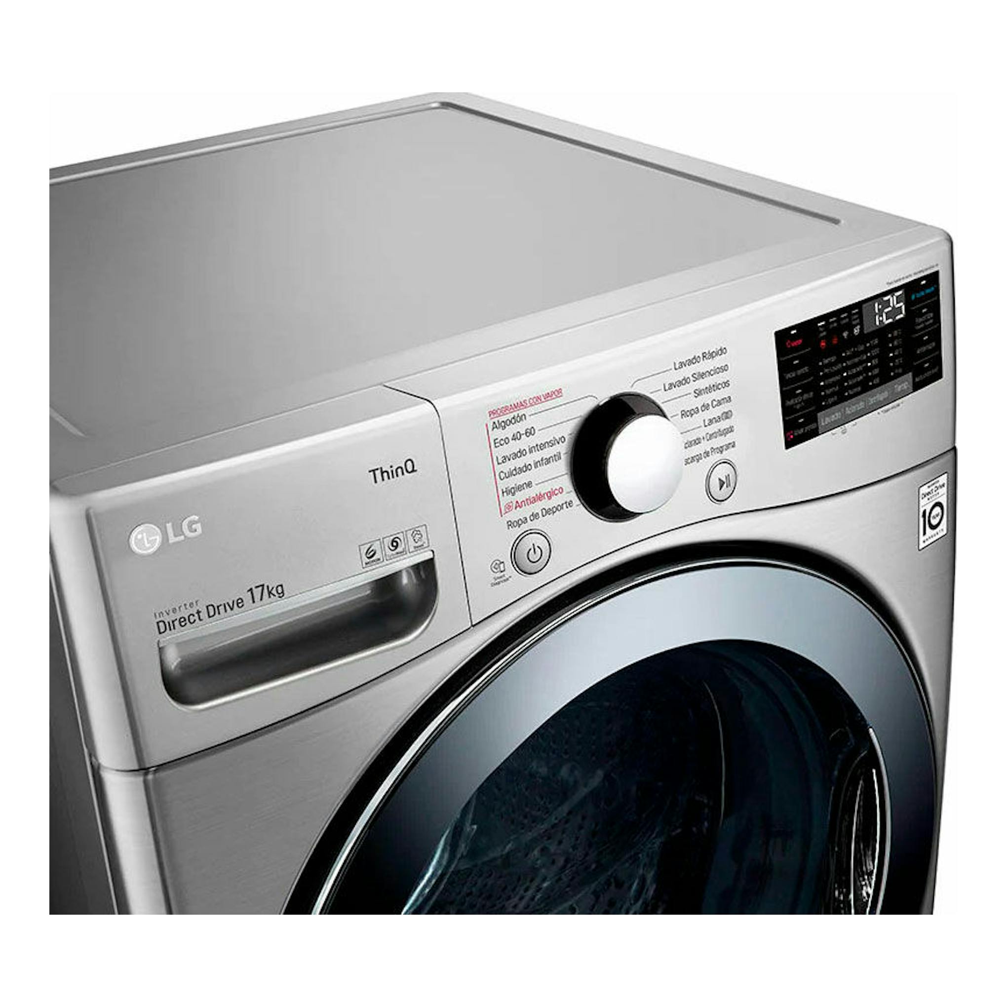 Lavadora LG ThinQ Direct Drive 17 kg, plateada, de carga frontal, vista en ángulo, con panel digital negro.