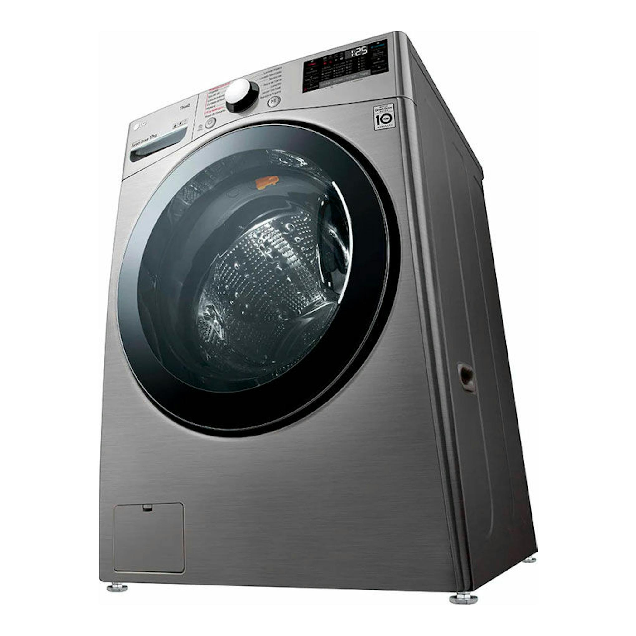 Lavadora LG F1P1CY2T de 17 kg, vista frontal en ángulo, color plateado, con puerta circular negra.