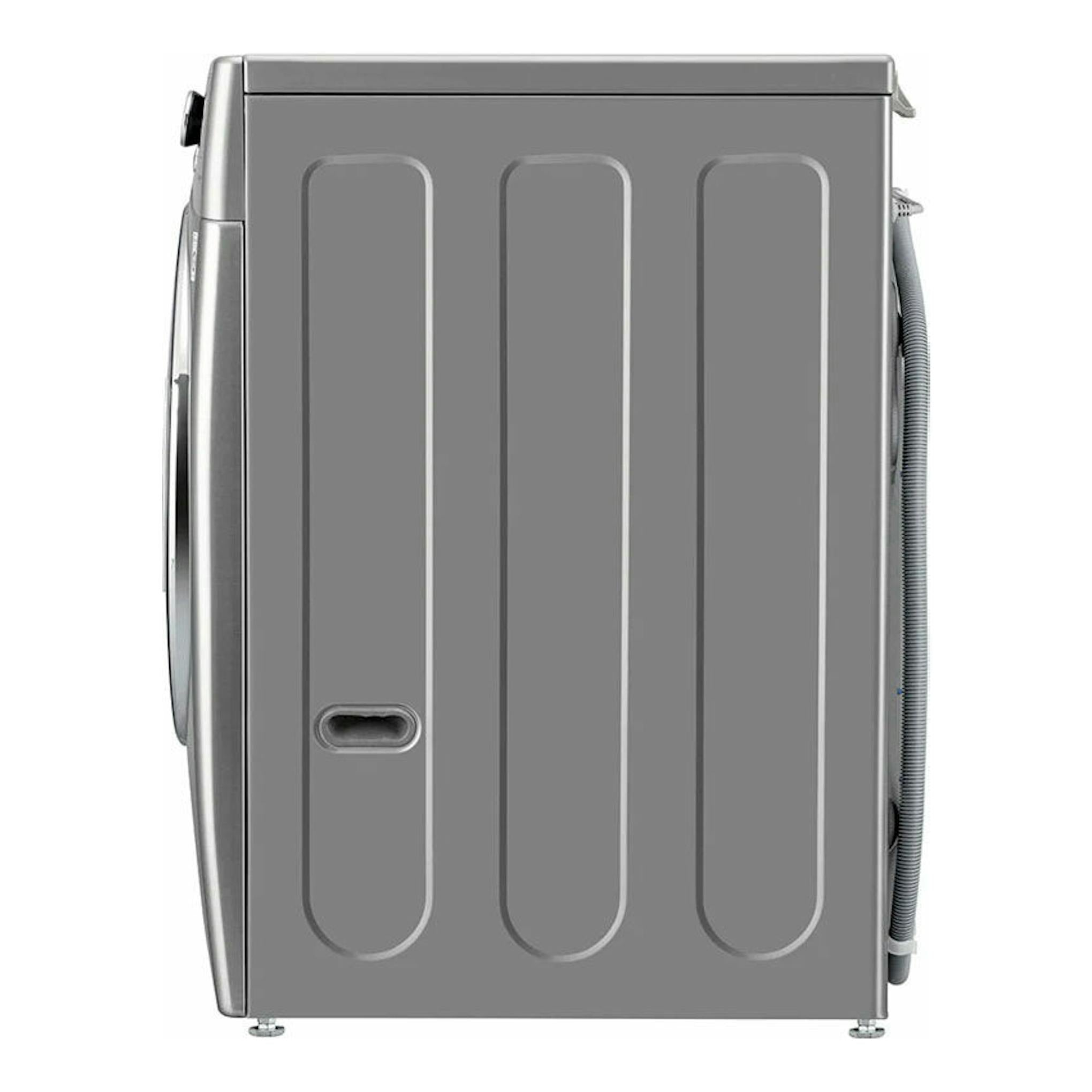 Lavadora LG F1P1CY2T gris, vista lateral, con puerta frontal y manguera visible.