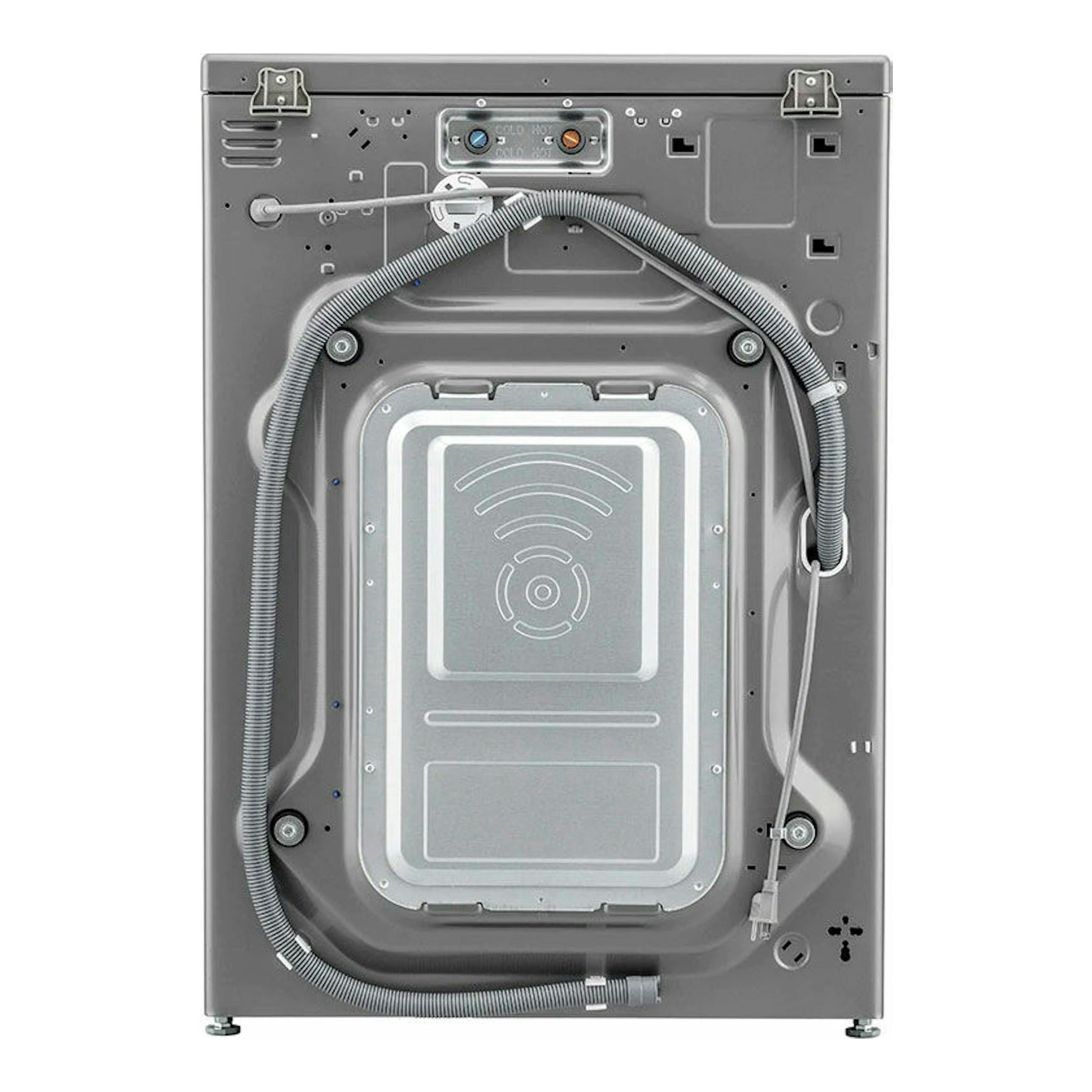 Lavadora LG F1P1CY2T de 17 kg, vista trasera, color gris, con mangueras y conexiones visibles.