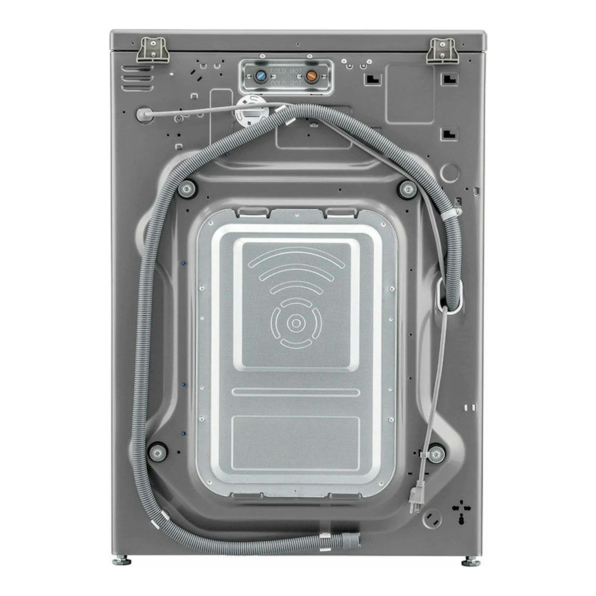 Lavadora LG F1P1CY2T de 17 kg, vista trasera, color gris, con mangueras y conexiones visibles.