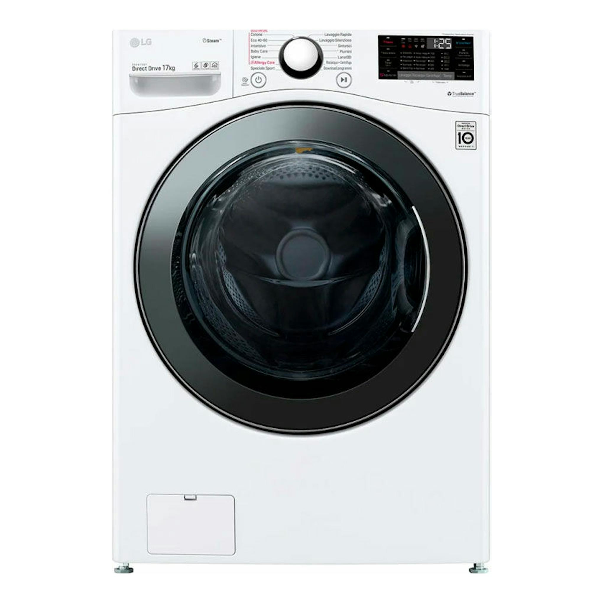 Lavadora LG F1P1CY2W blanca, frontal, 17 kg, con puerta negra circular y panel digital superior.