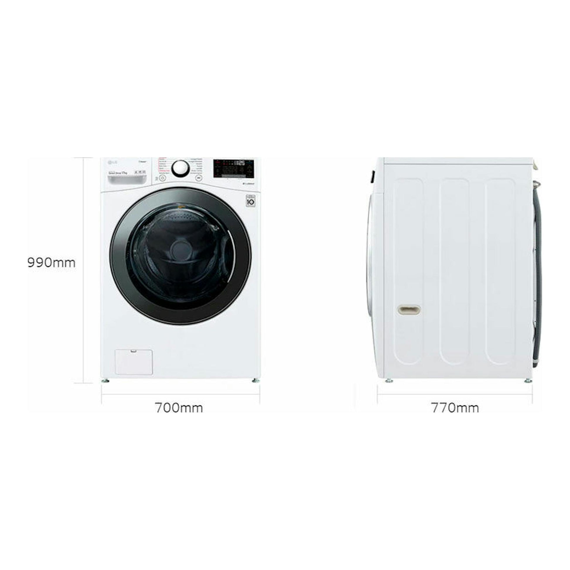 Lavadora LG F1P1CY2W blanca, vista frontal y lateral, con puerta negra y medidas 990 x 700 x 770 mm.