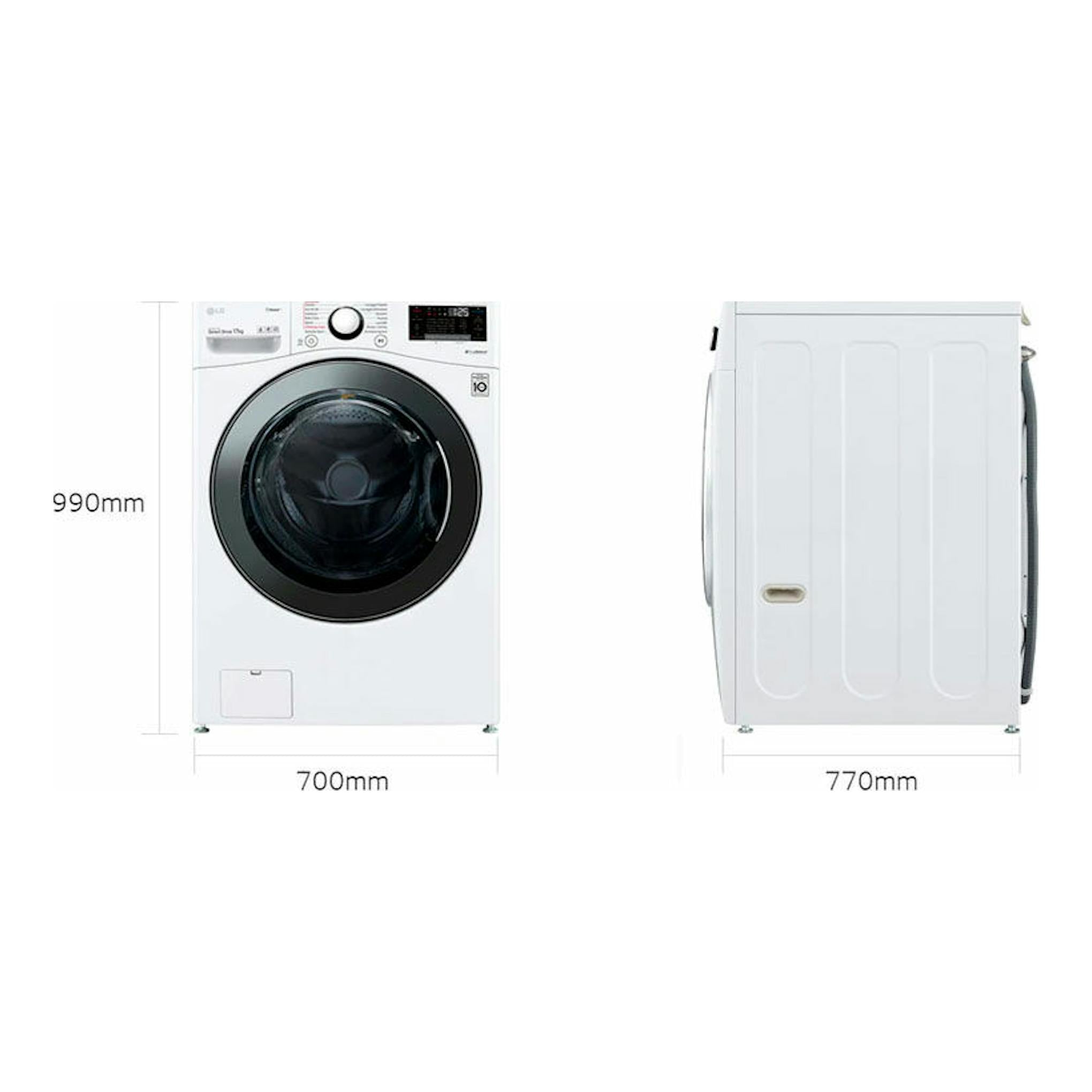 Lavadora LG F1P1CY2W blanca, vista frontal y lateral, con puerta negra y medidas 990 x 700 x 770 mm.