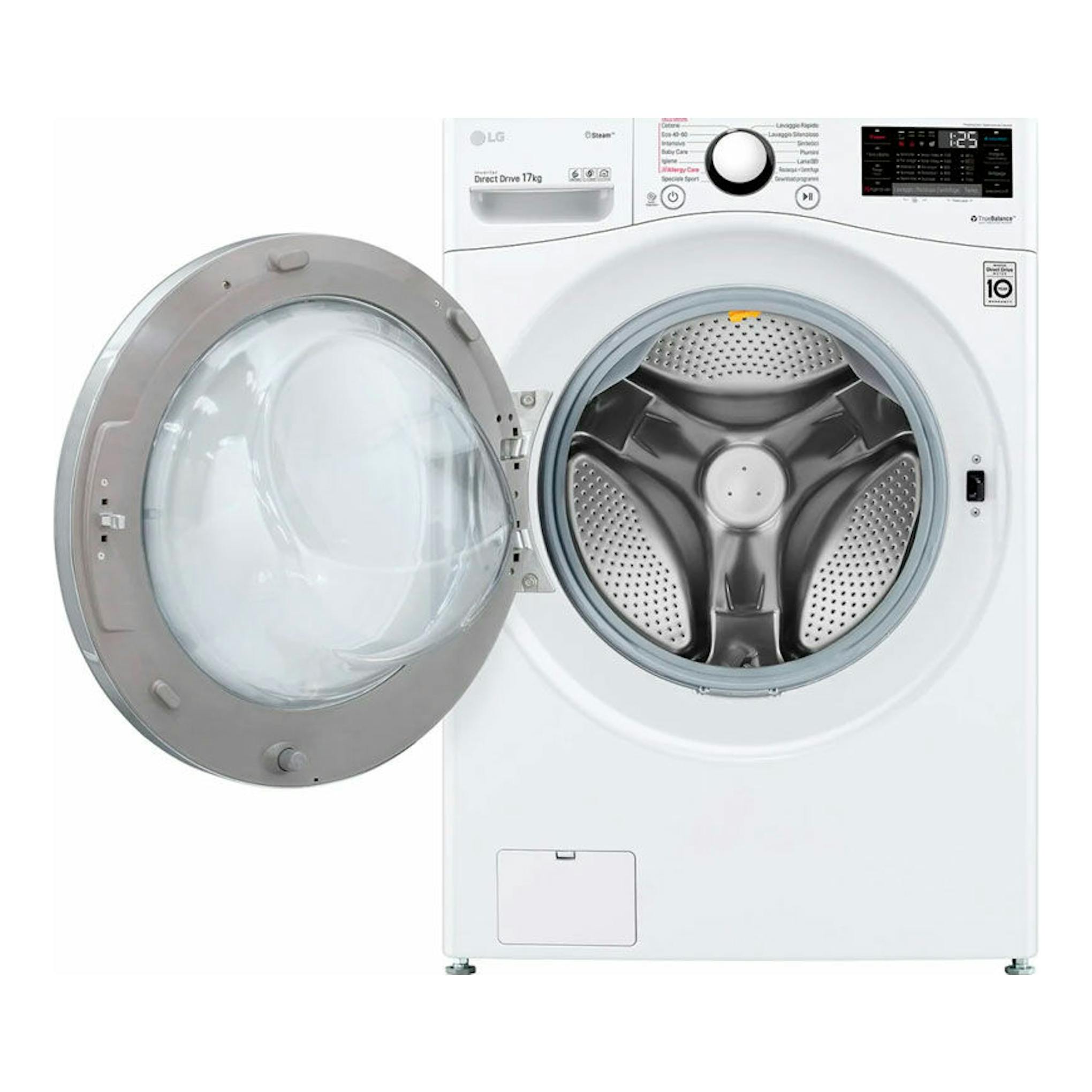 Lavadora LG F1P1CY2W blanca, carga frontal, vista frontal con puerta abierta.