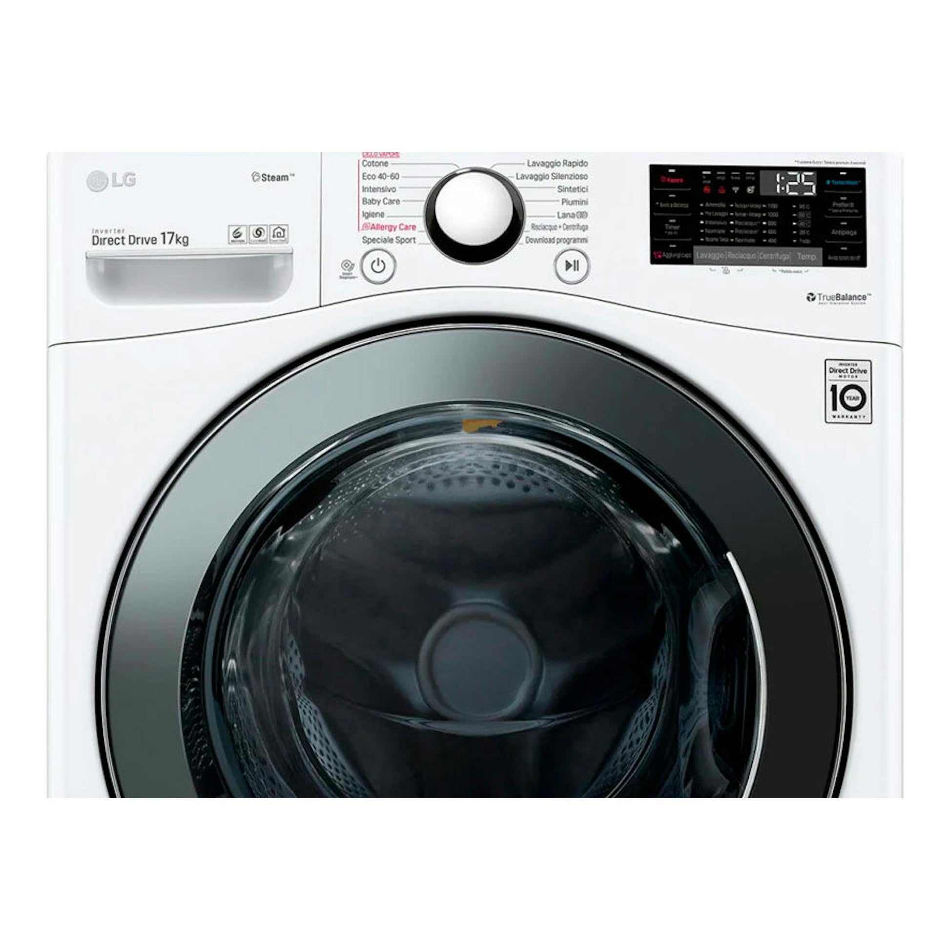 Lavadora frontal LG F1P1CY2W blanca de 17 kg, con puerta redonda negra y panel digital superior.