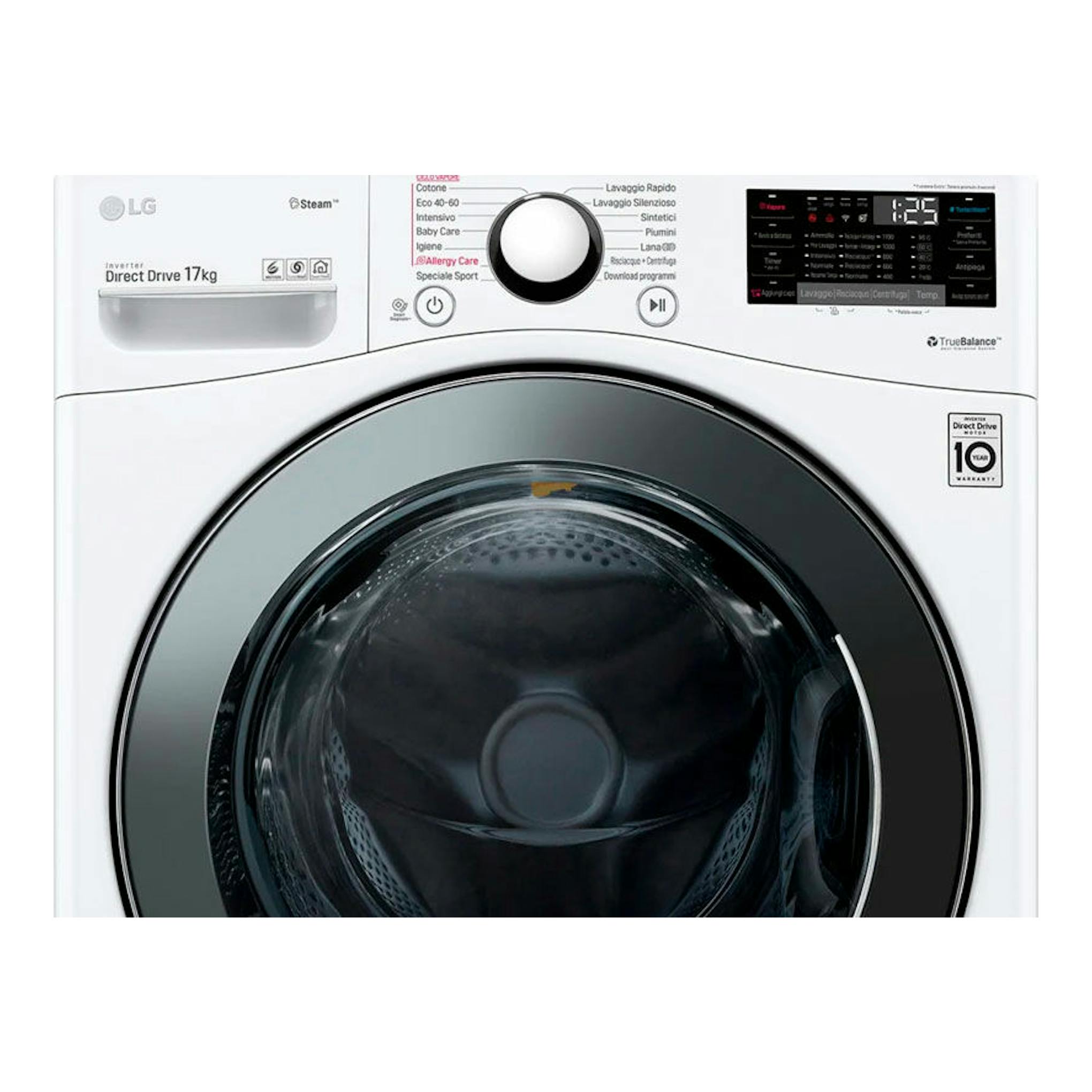 Lavadora frontal LG F1P1CY2W blanca de 17 kg, con puerta redonda negra y panel digital superior.