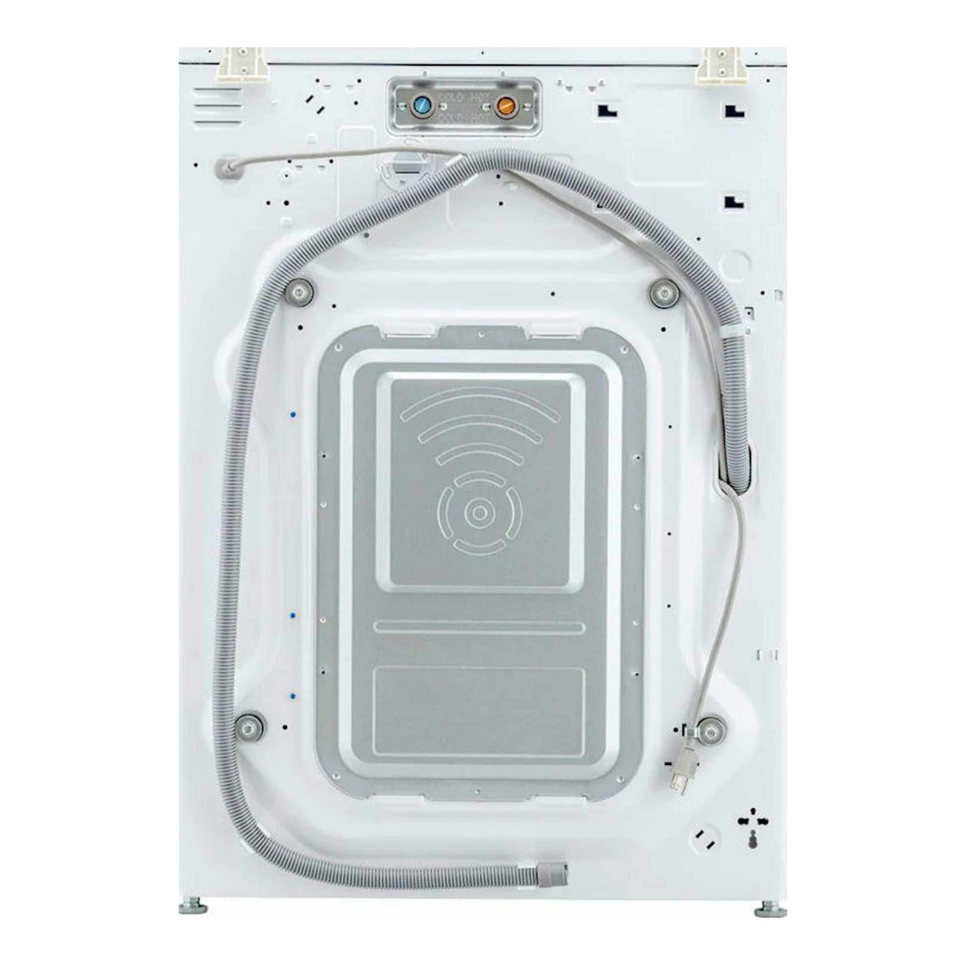 Lavadora LG F1P1CY2W 17 kg blanca, vista trasera, con mangueras y panel metálico.