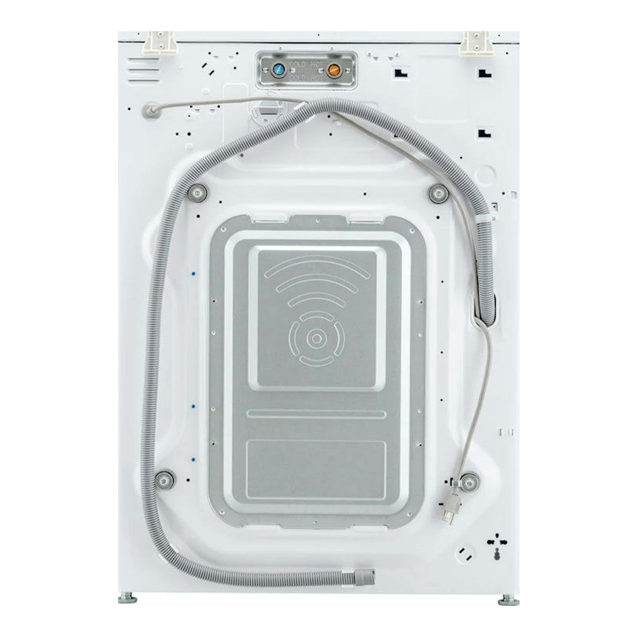 Lavadora LG F1P1CY2W 17 kg blanca, vista trasera, con mangueras y panel metálico.