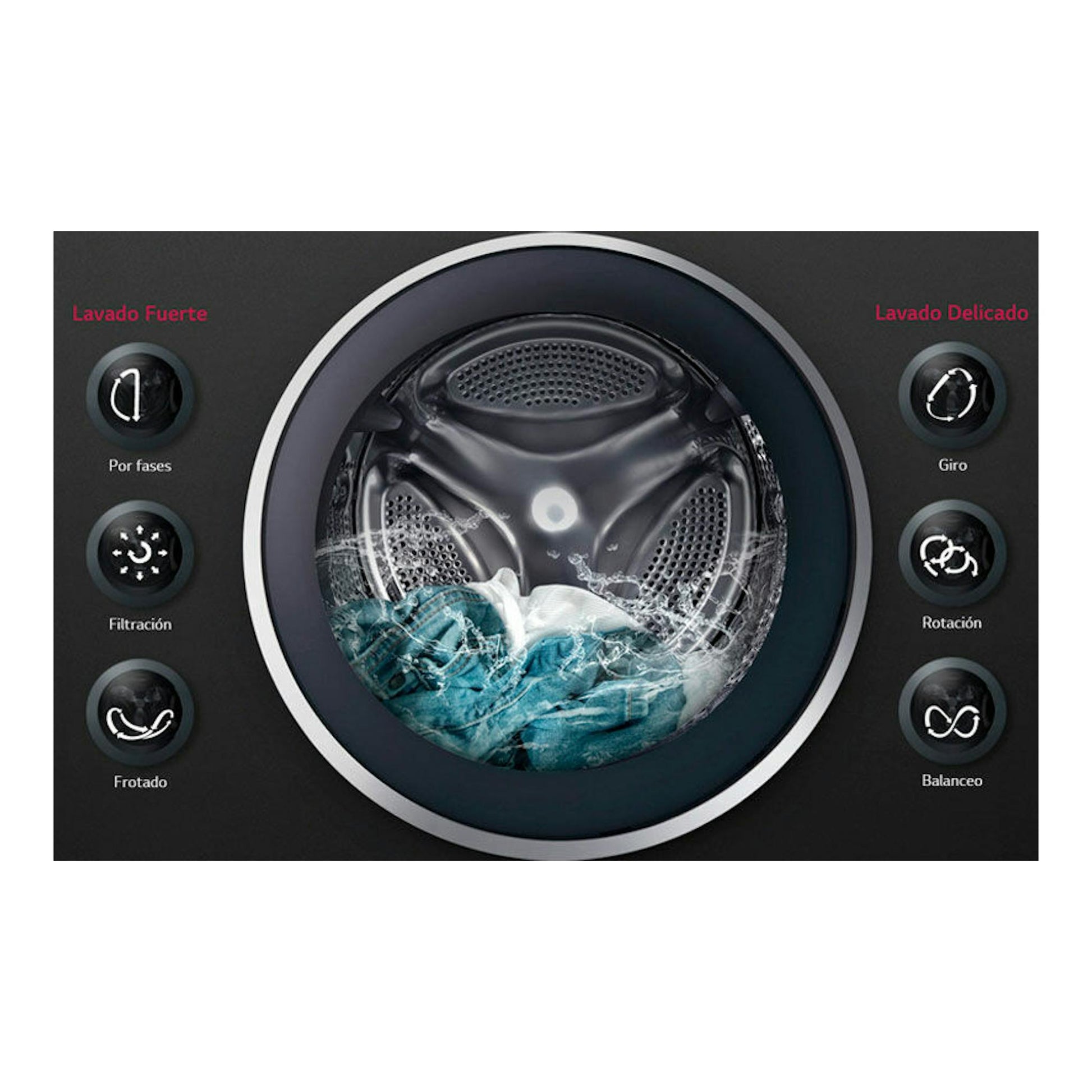Lavadora LG F1P1CY2W negra, vista frontal, con puerta circular y ropa azul en el tambor.