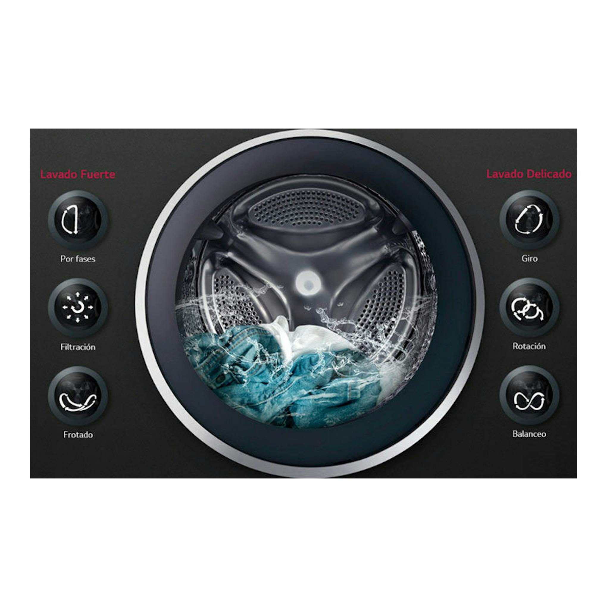 Lavadora LG F1P1CY2W negra, vista frontal, con puerta circular y ropa azul en el tambor.