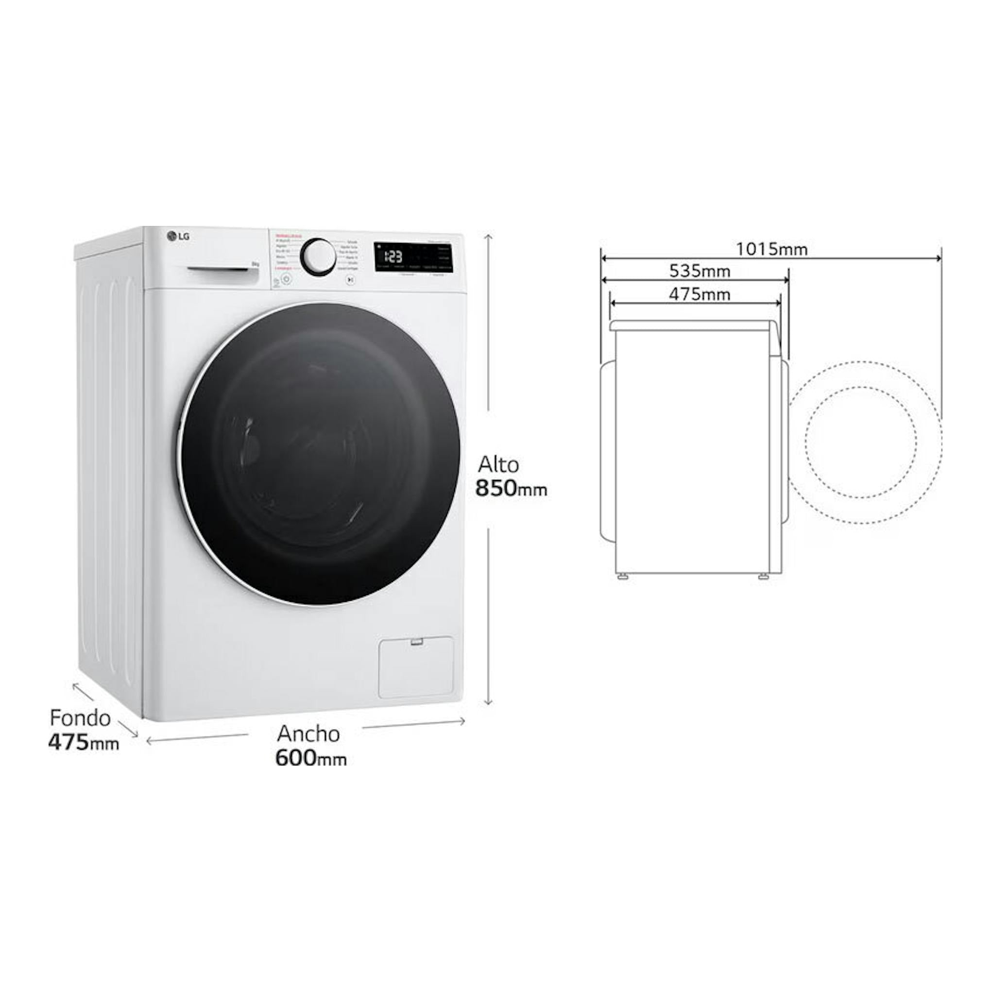 Lavadora LG F2WR5S08A0W blanca, vista frontal y lateral, con puerta negra y esquema de medidas.