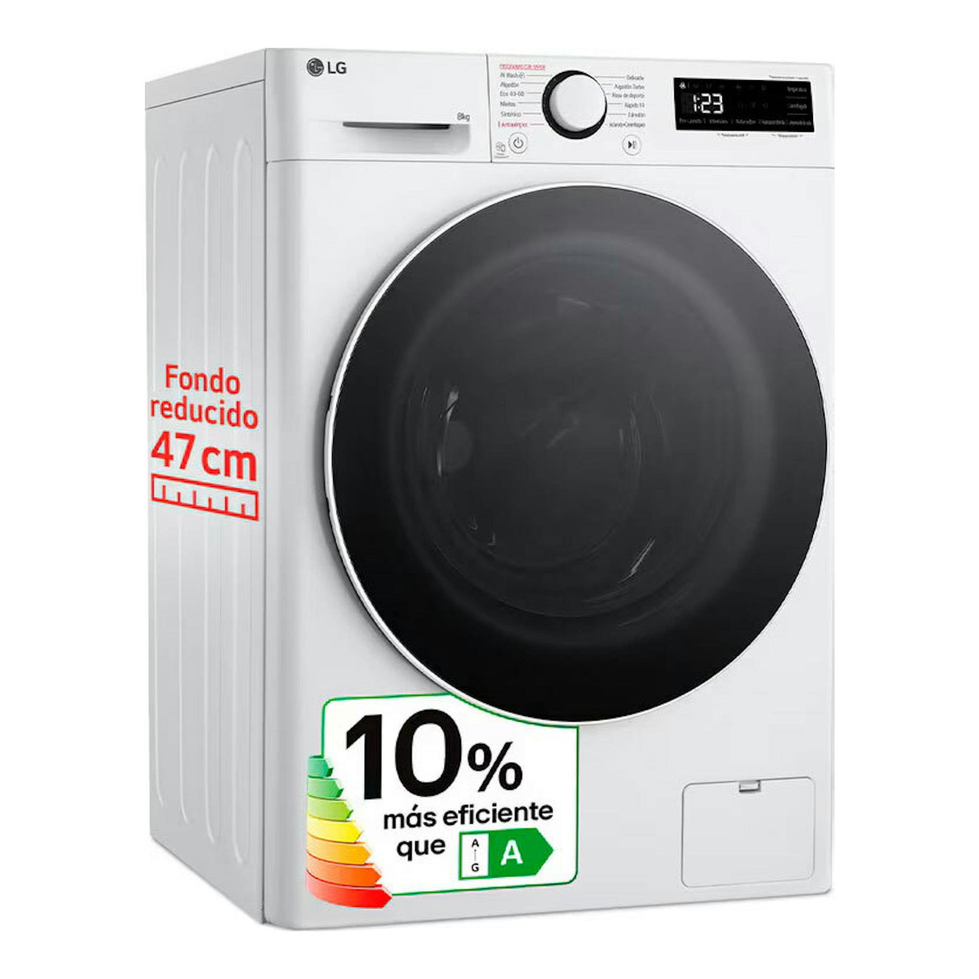 Lavadora LG F2WR5S08A0W blanca, vista frontal en tres cuartos, con puerta negra y panel digital.