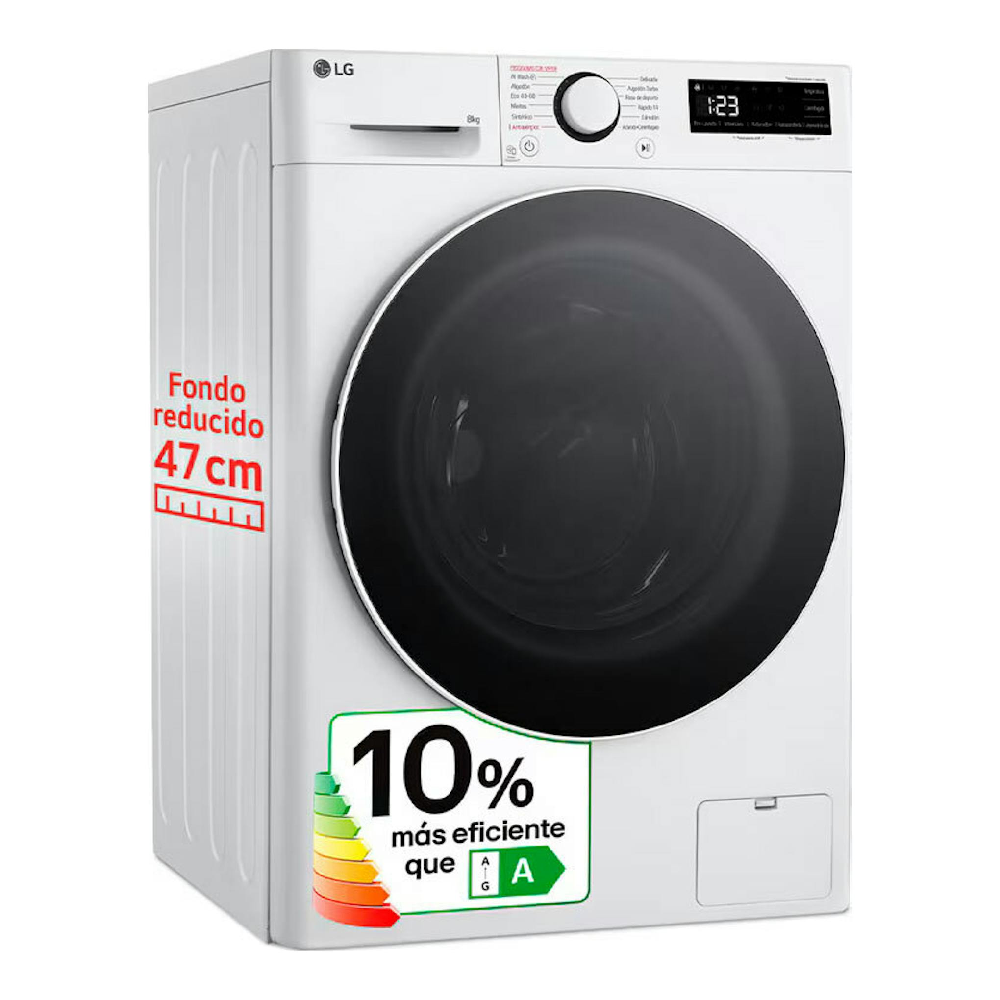 Lavadora LG F2WR5S08A0W blanca, vista frontal en tres cuartos, con puerta negra y panel digital.