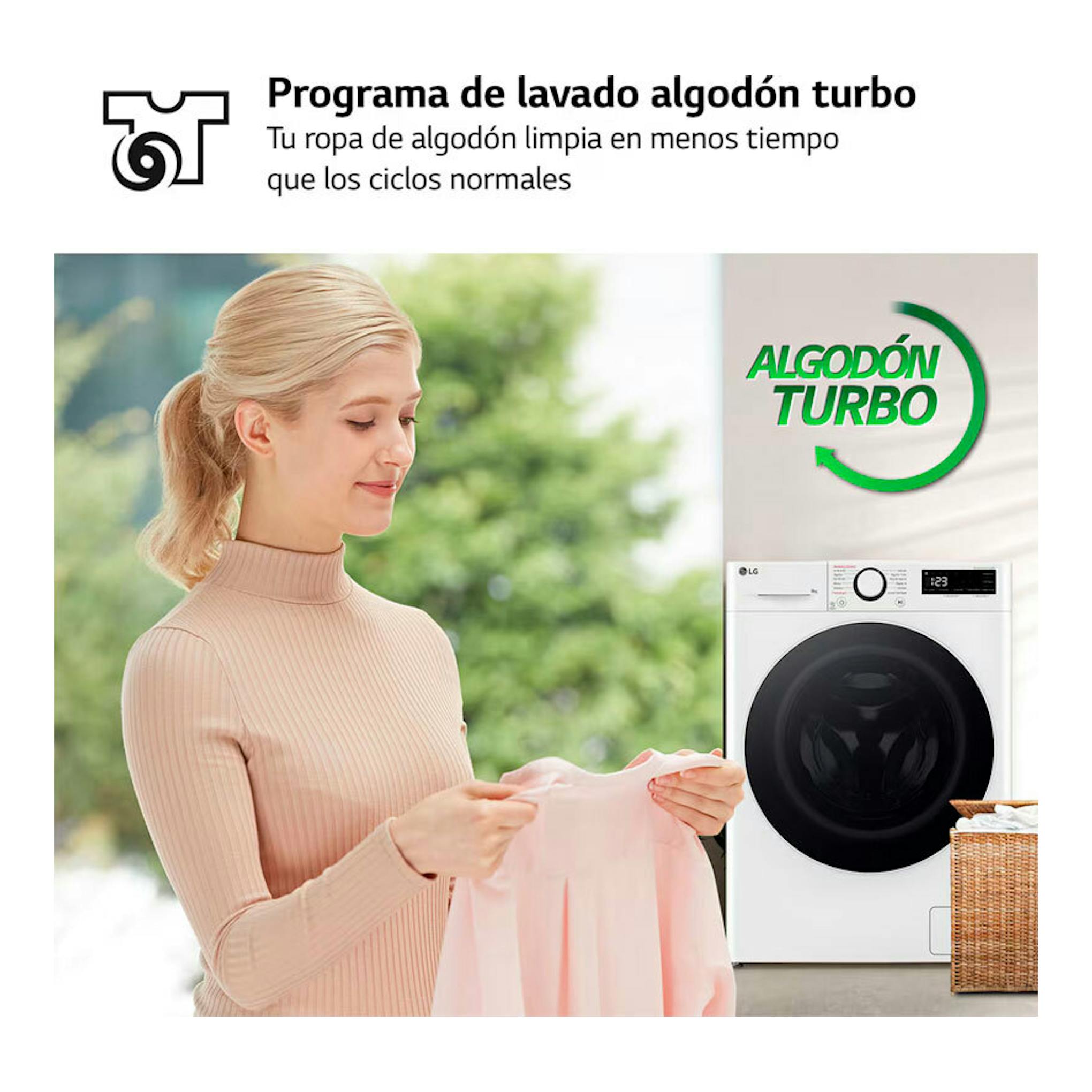 Lavadora LG F2WR5S08A0W blanca, vista frontal; una mujer sostiene una prenda rosa junto a una cesta.