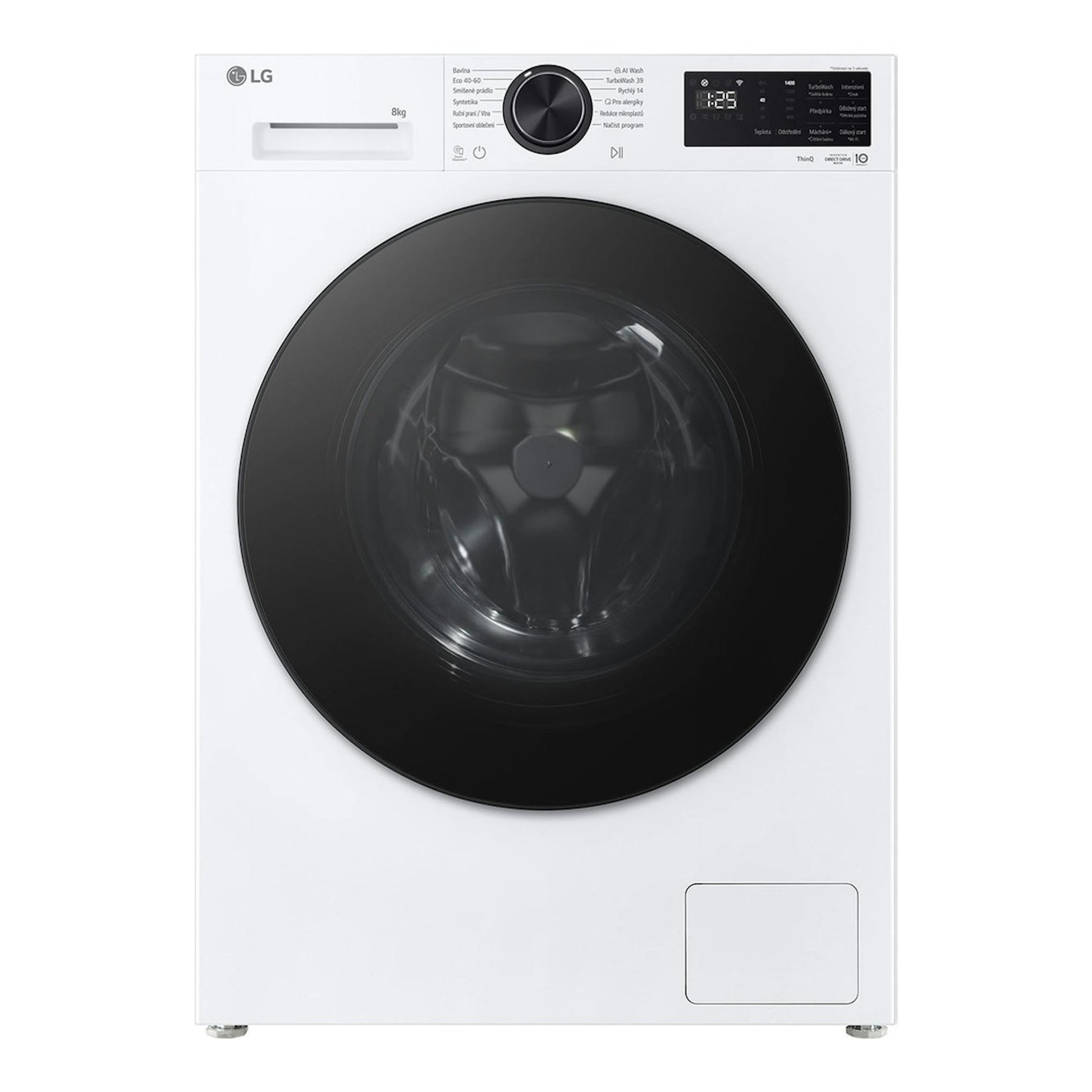 Lavadora LG F2X50S8TLB blanca, vista frontal, con puerta negra circular y panel de control superior.