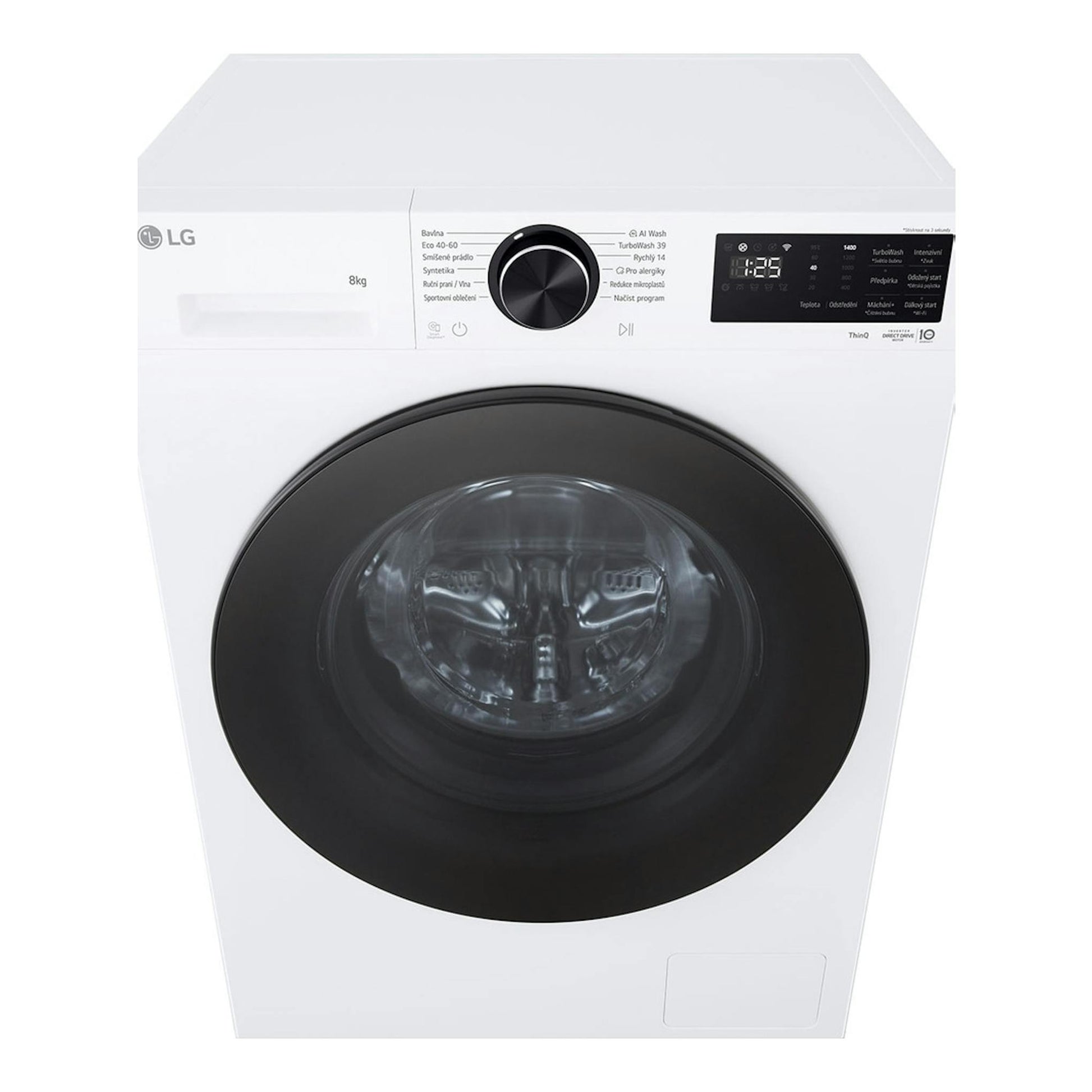 Lavadora LG F2X50S8TLB blanca, vista frontal, con puerta negra y panel de control superior.