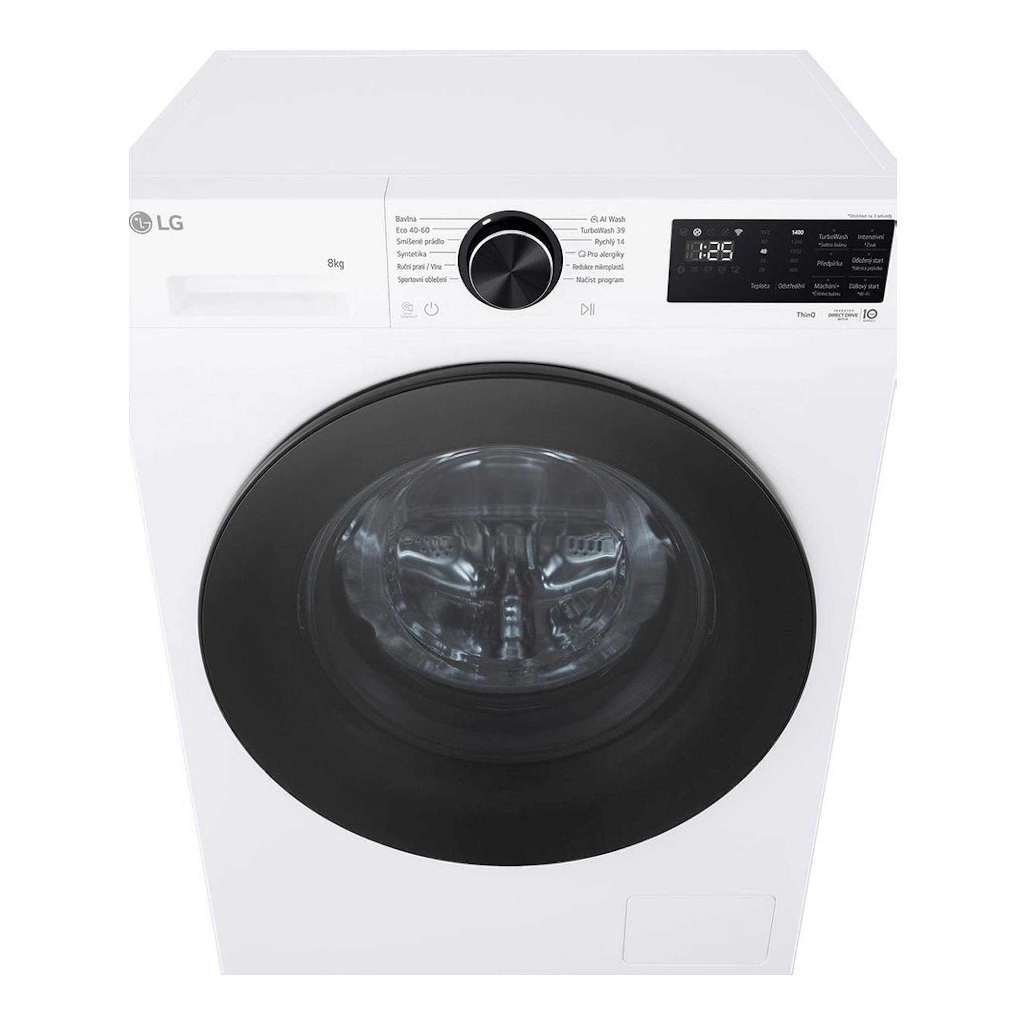 Lavadora LG F2X50S8TLB blanca, vista frontal, con puerta negra y panel de control superior.