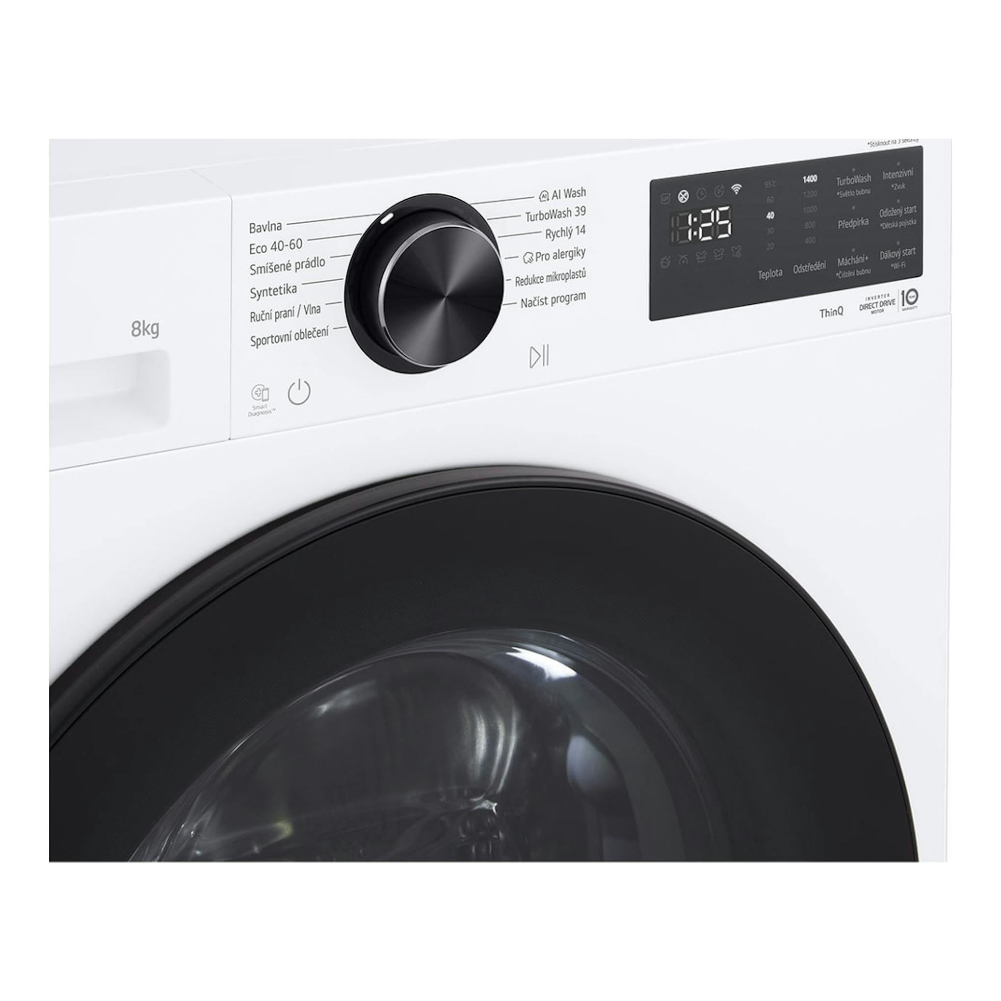Lavadora LG F2X50S8TLB blanca, de carga frontal, con puerta negra y panel digital superior.