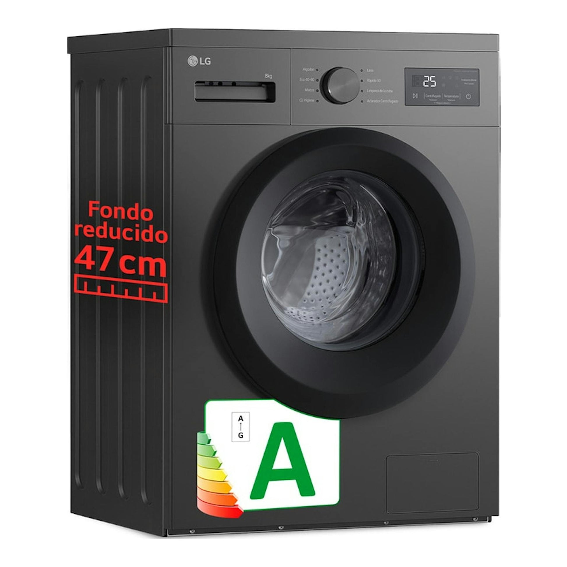 Lavadora LG F4A10S8NDK frontal negra, con puerta circular, panel digital y etiqueta energética A.