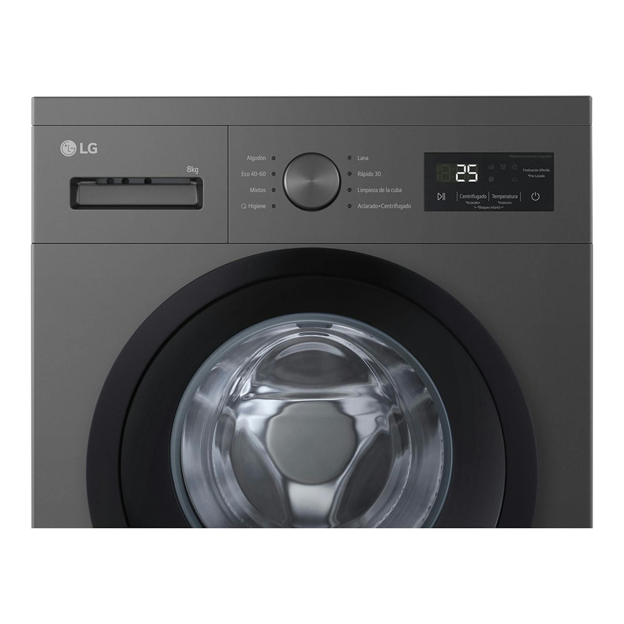Lavadora LG F4A10S8NDK gris, vista frontal, con puerta circular negra y panel digital superior.