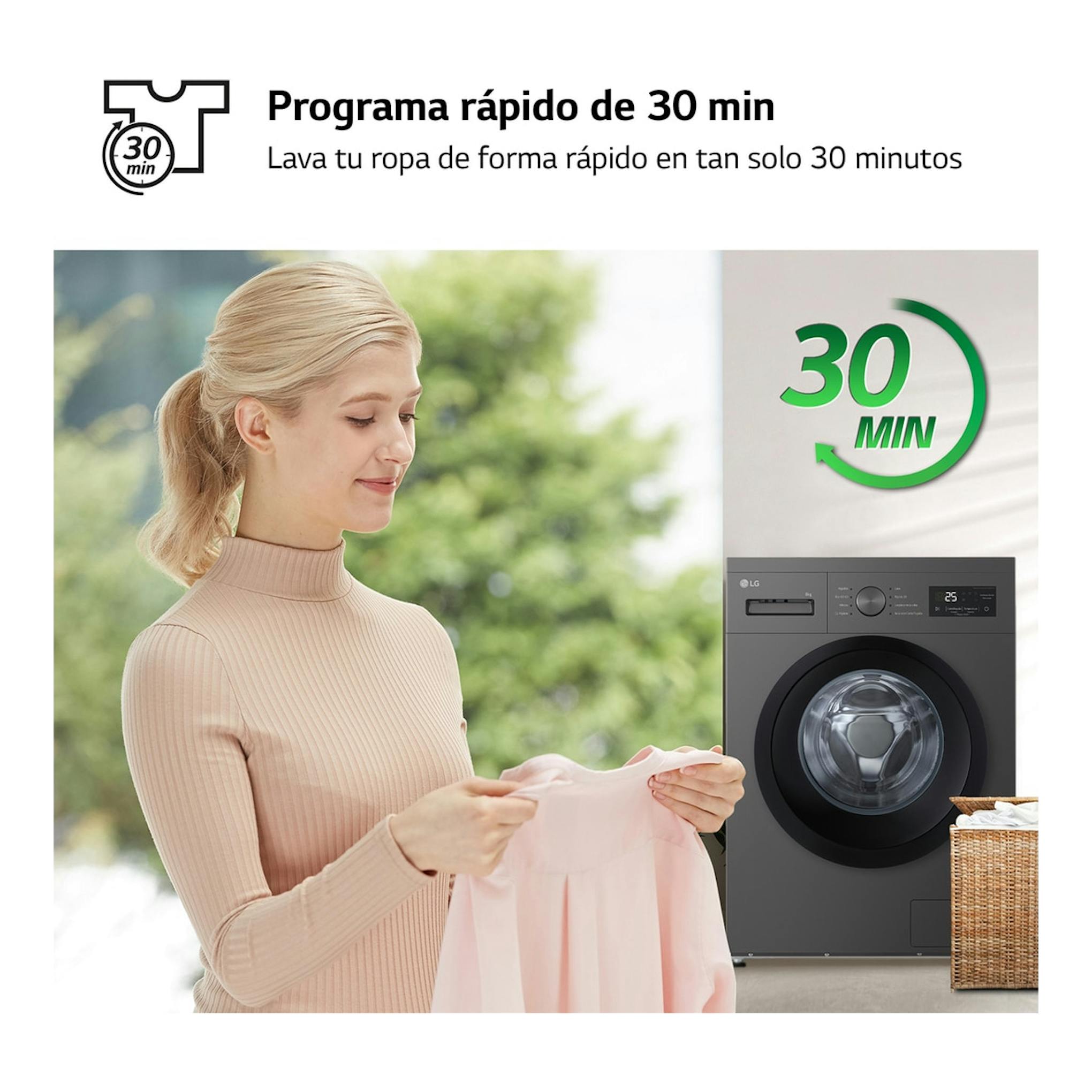 Lavadora LG gris de carga frontal con programa rápido de 30 min; una mujer sostiene una prenda.