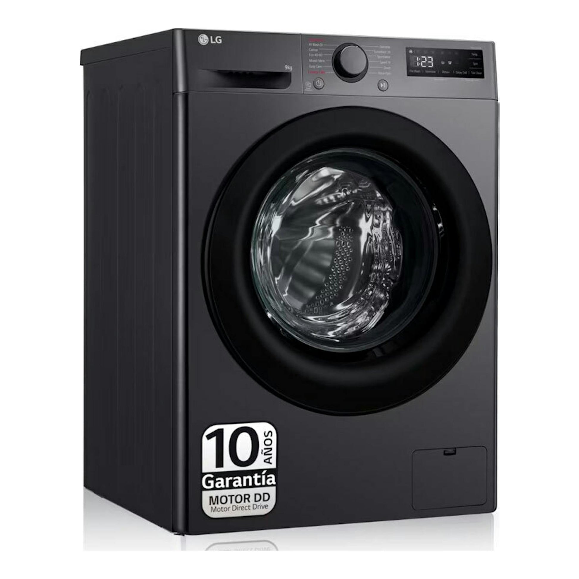 Lavadora frontal LG F4WR5009A6M negra/gris oscuro, vista frontal en ángulo, con puerta circular y panel digital.