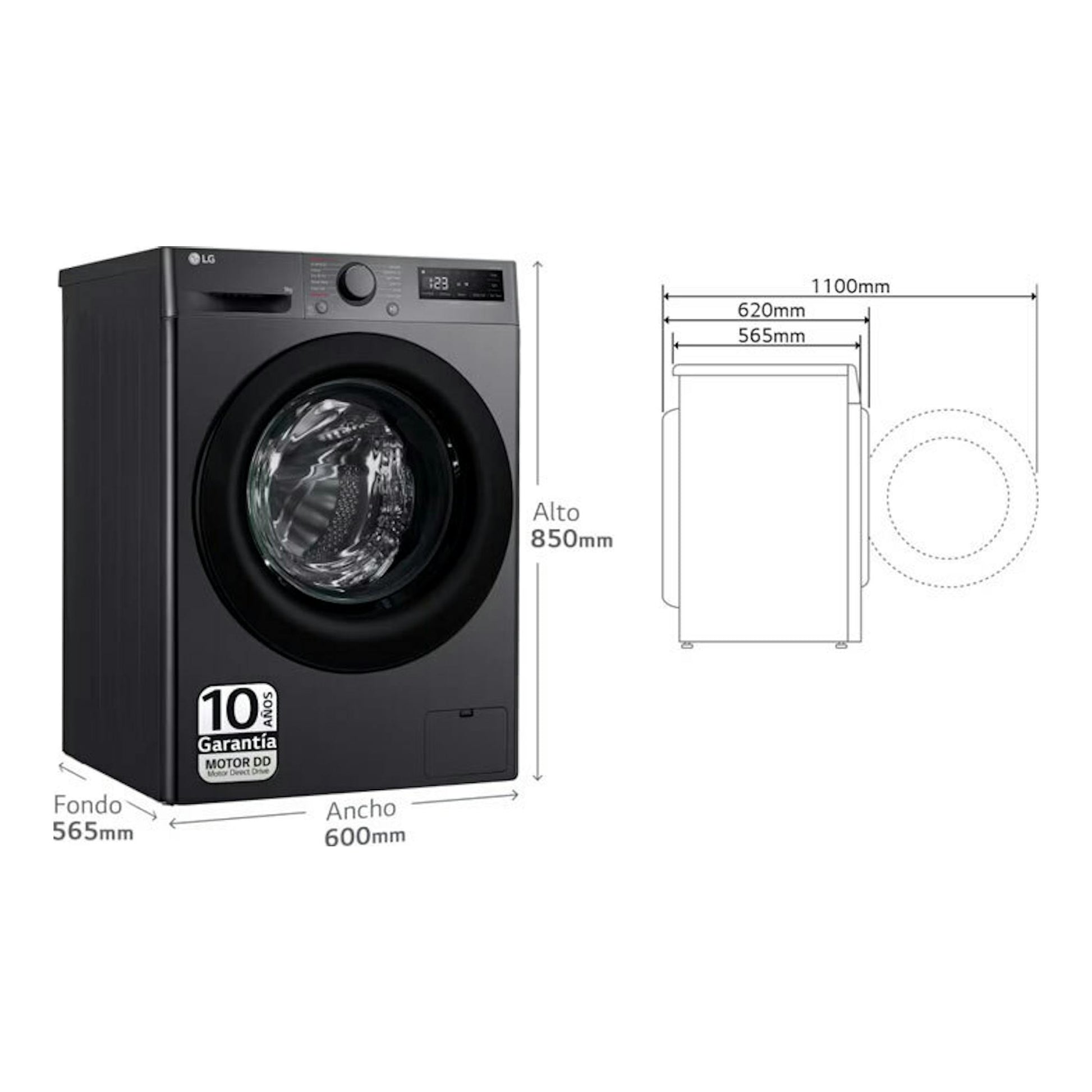 Lavadora LG F4WR5009A6M negra, vista frontal, con medidas 850 x 600 x 565 mm.