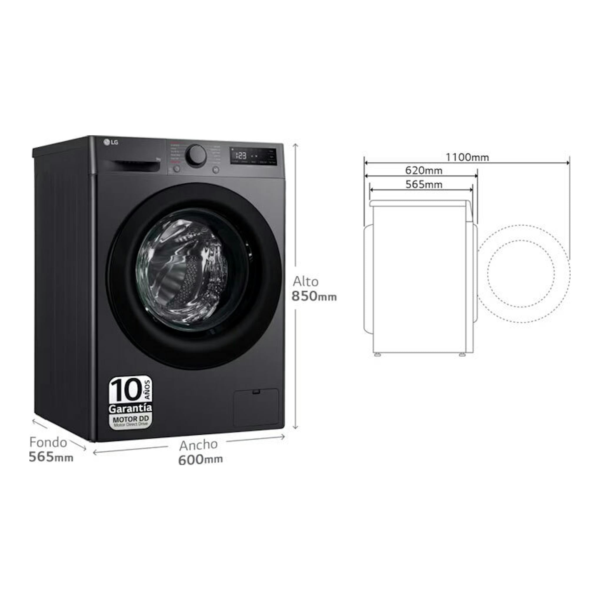 Lavadora LG F4WR5009A6M negra, vista frontal, con medidas 850 x 600 x 565 mm.