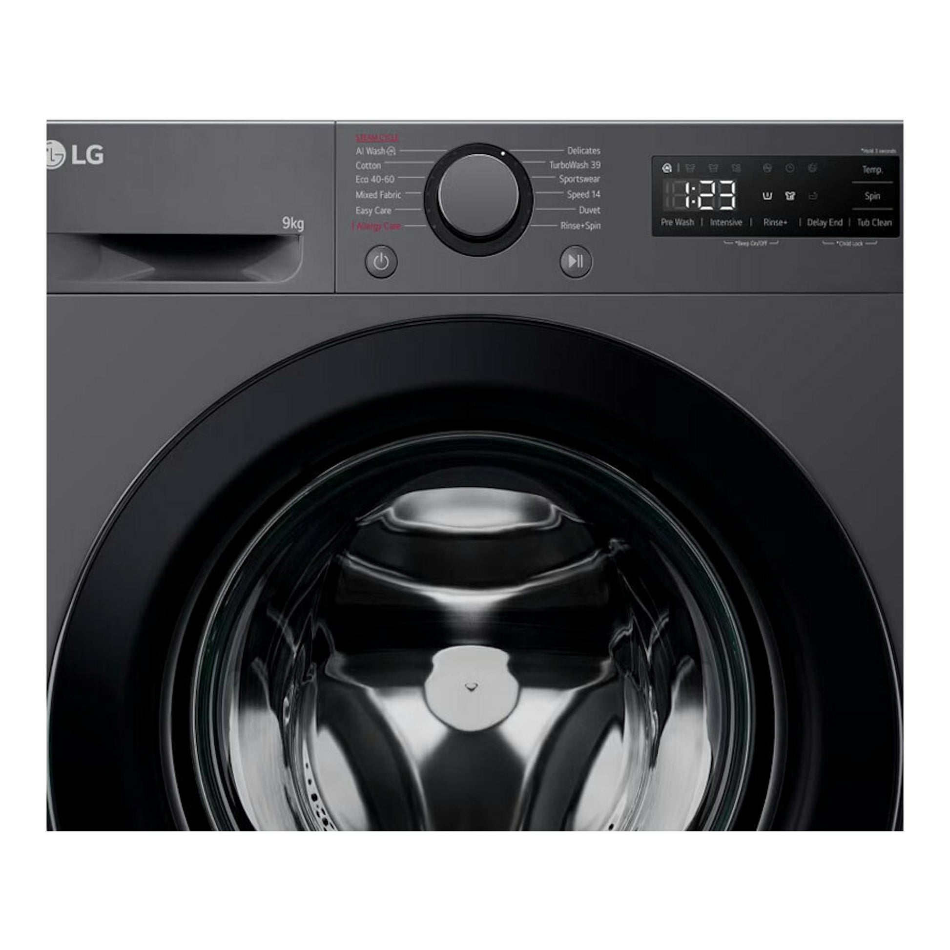 Lavadora LG F4WR5009A6M gris oscuro, vista frontal, con puerta negra y panel digital.