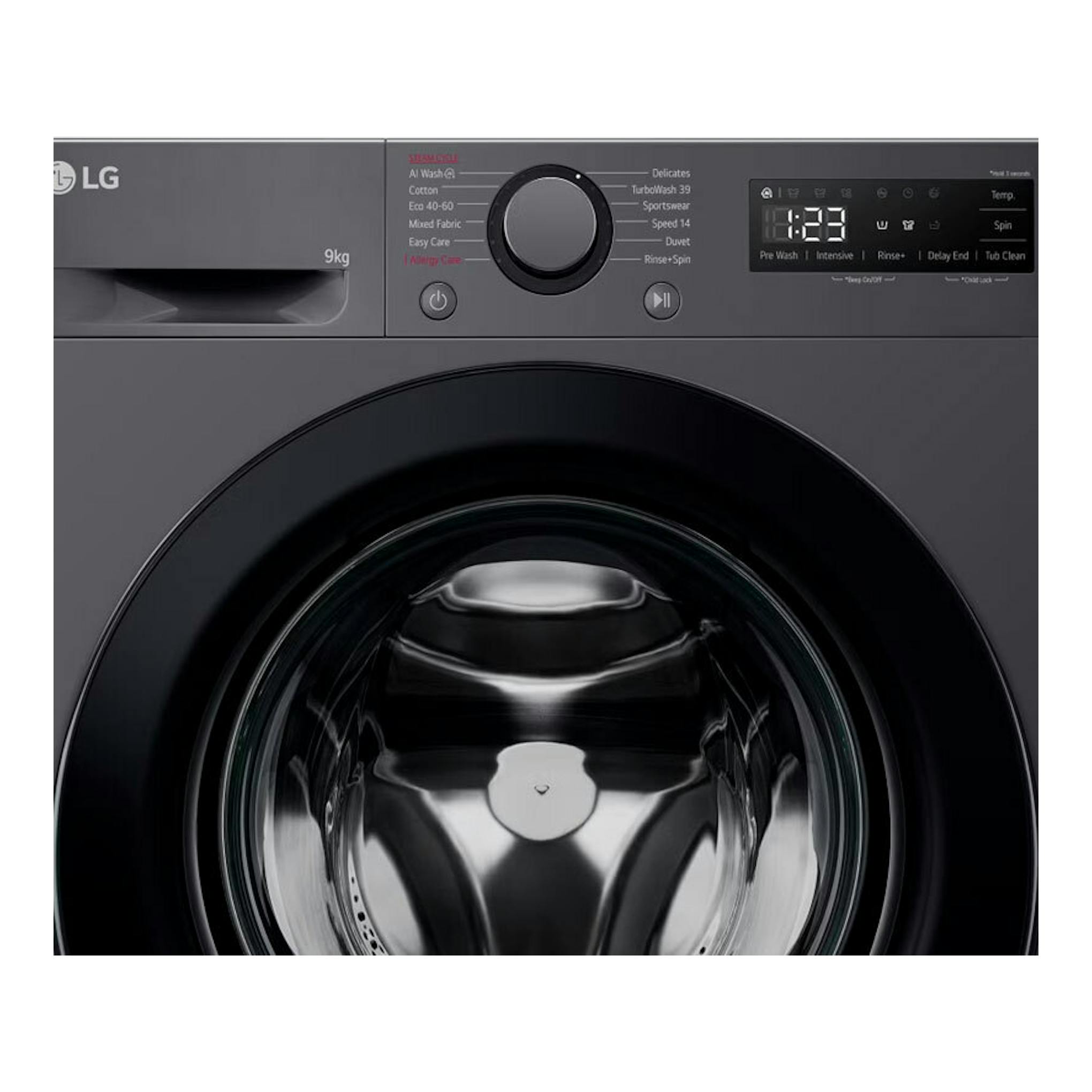 Lavadora LG F4WR5009A6M gris oscuro, vista frontal, con puerta negra y panel digital.