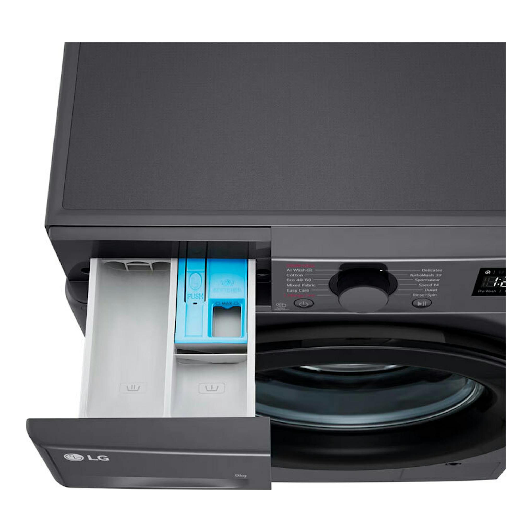 Lavadora LG F4WR5009A6M de 9 kg, gris oscuro, vista frontal con cajón de detergente abierto.