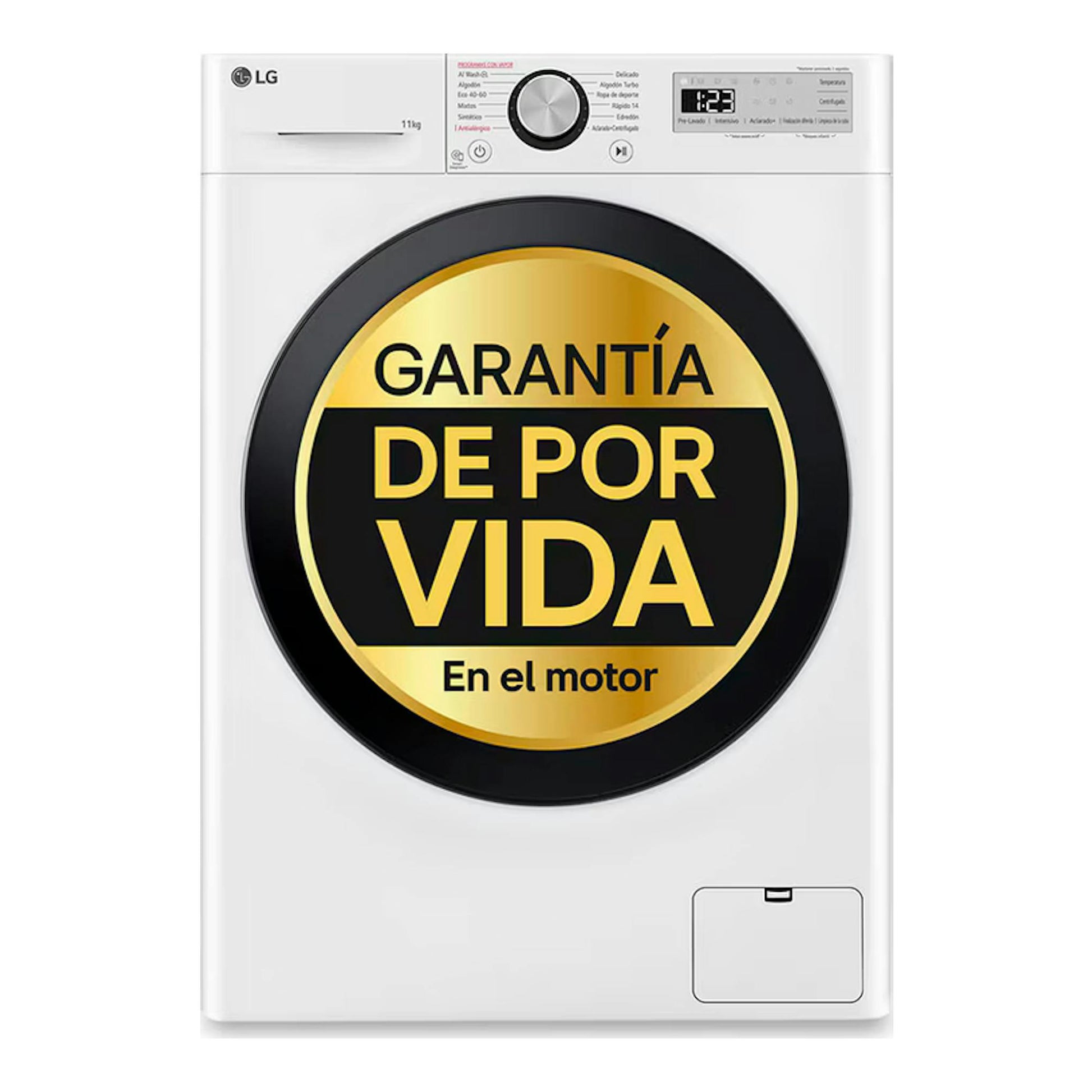Lavadora LG F4WR5011A6F de 11 kg, blanca, vista frontal, con panel digital y sello circular dorado de garantía de por vida.