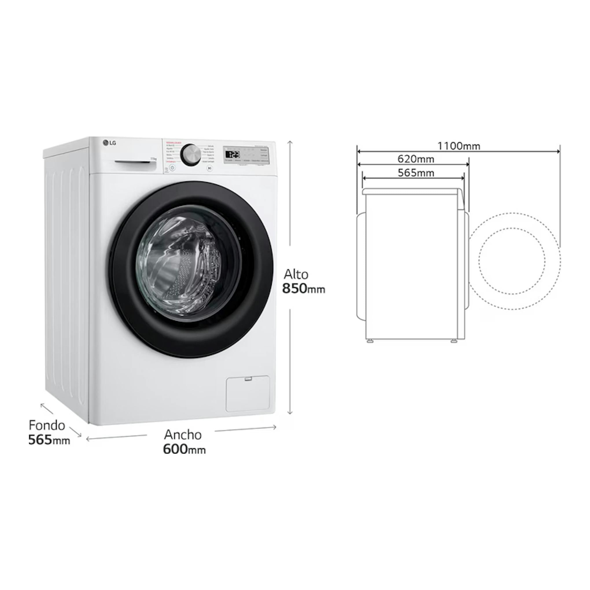 Lavadora LG F4WR5011A6F blanca, vista frontal en 3/4, con esquema lateral y medidas 850 x 600 x 565 mm.