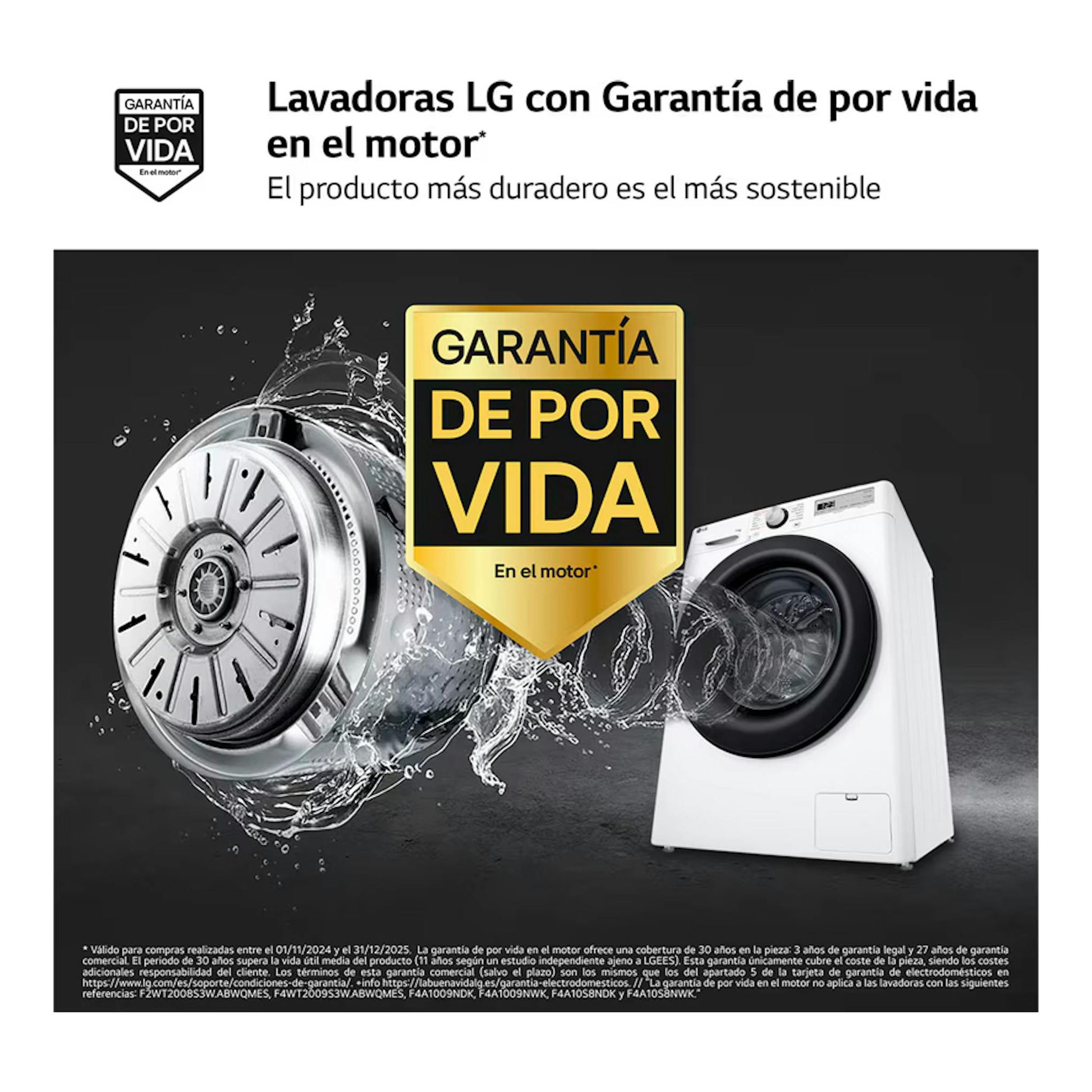 Lavadora LG F4WR5011A6F blanca, vista frontal, con tambor negro y sello dorado de “Garantía de por vida”.