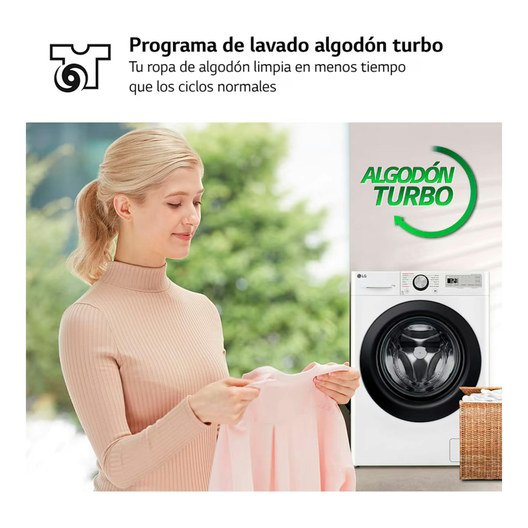 Lavadora LG F4WR5011A6F 11 kg blanca, vista frontal, junto a una mujer sosteniendo una prenda rosa.
