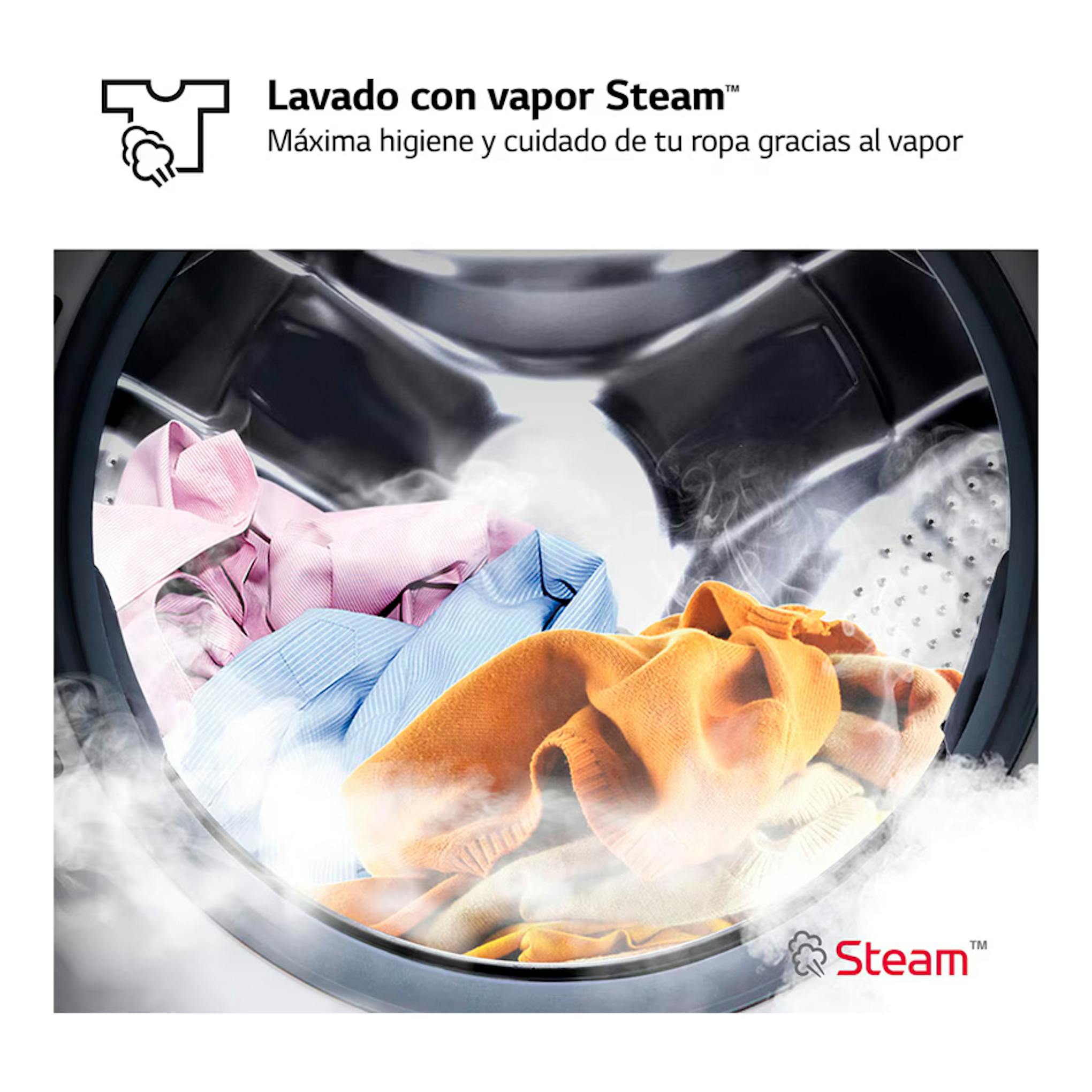 Lavadora LG F4WR5011A6F, vista frontal del tambor con ropa de colores y vapor Steam.