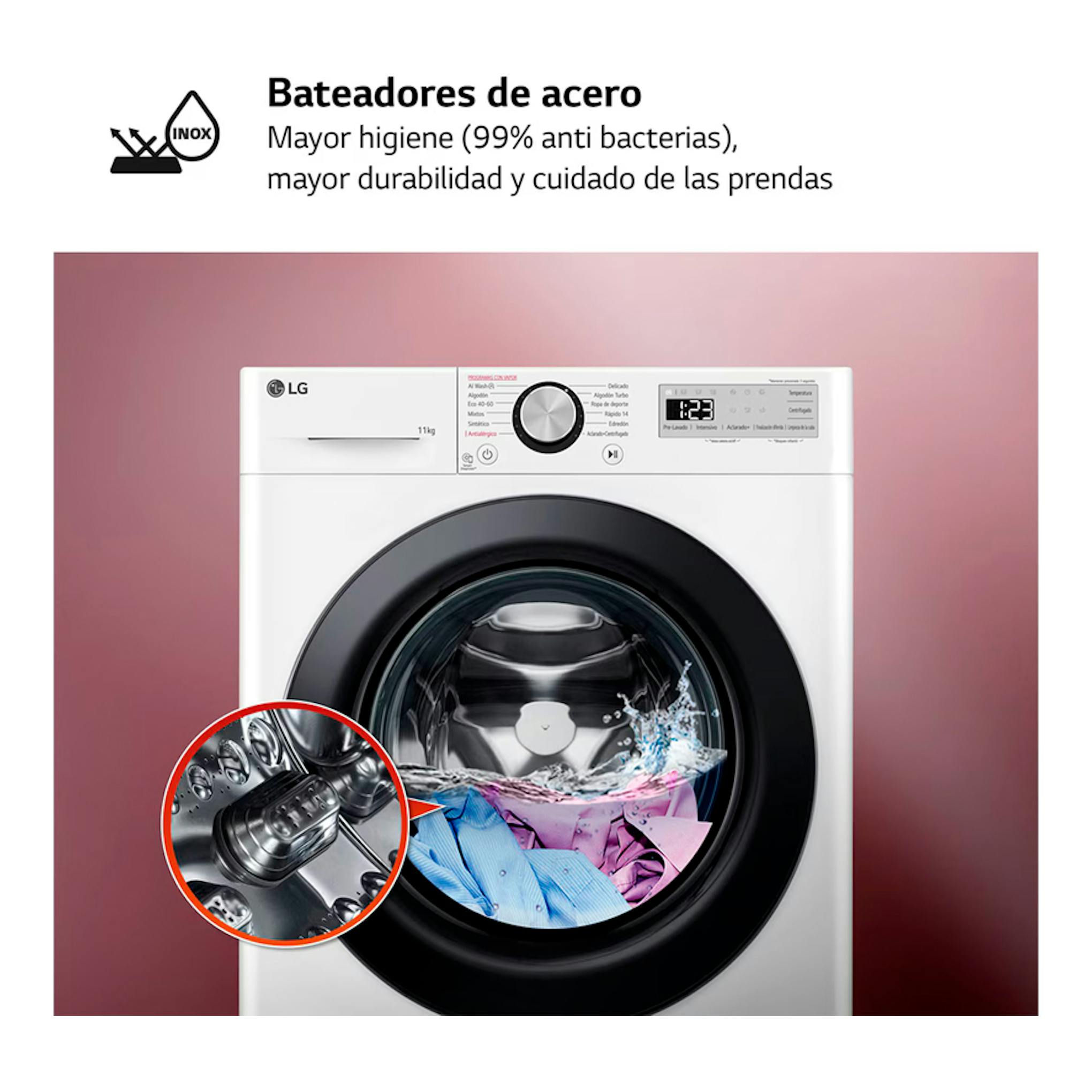Lavadora LG F4WR5011A6F blanca, vista frontal, con puerta negra y panel digital.