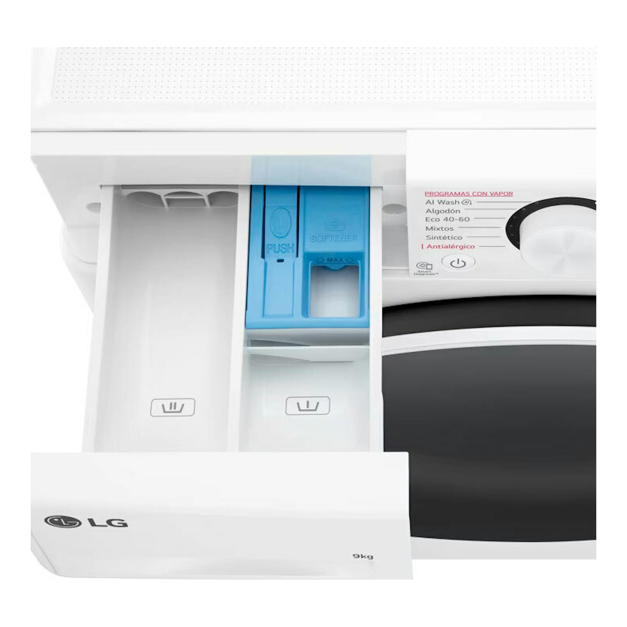 Lavadora LG F4WR6009A0W blanca, con cajetín de detergente abierto y panel de control parcial.