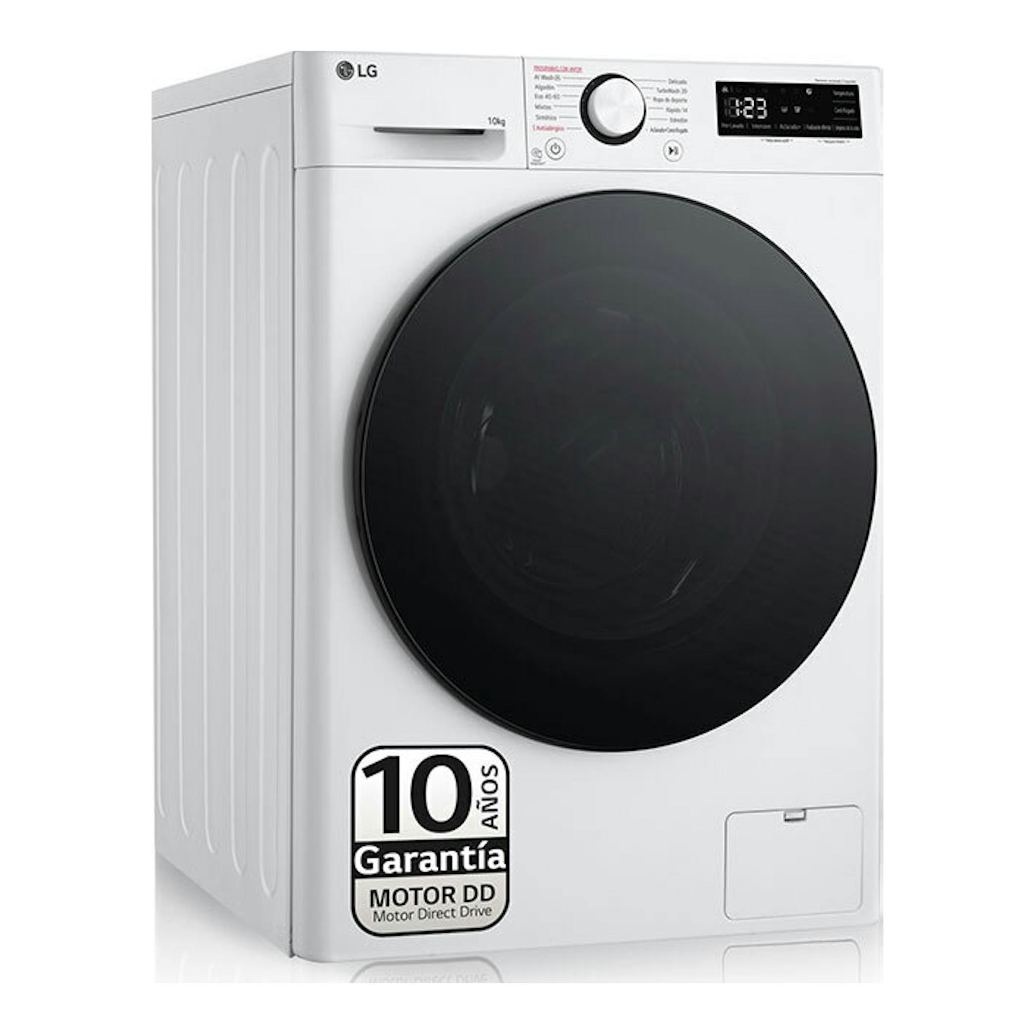 Lavadora LG F4WR6010AGW blanca, vista frontal en ángulo, con puerta negra y panel digital superior.