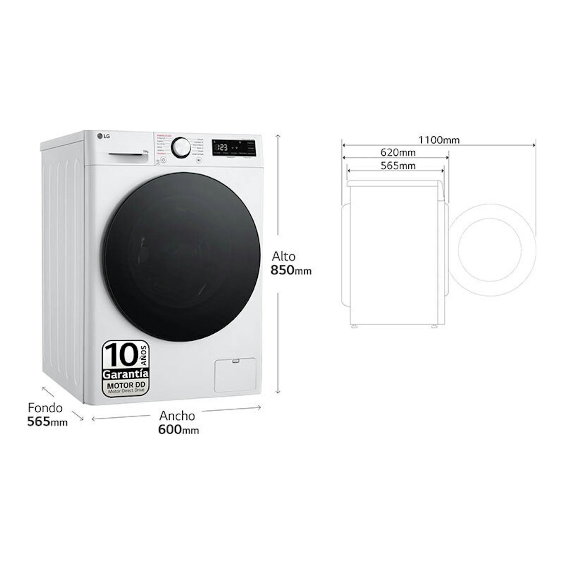 Lavadora LG F4WR6010AGW blanca, vista frontal, con puerta negra y esquema de medidas en mm.