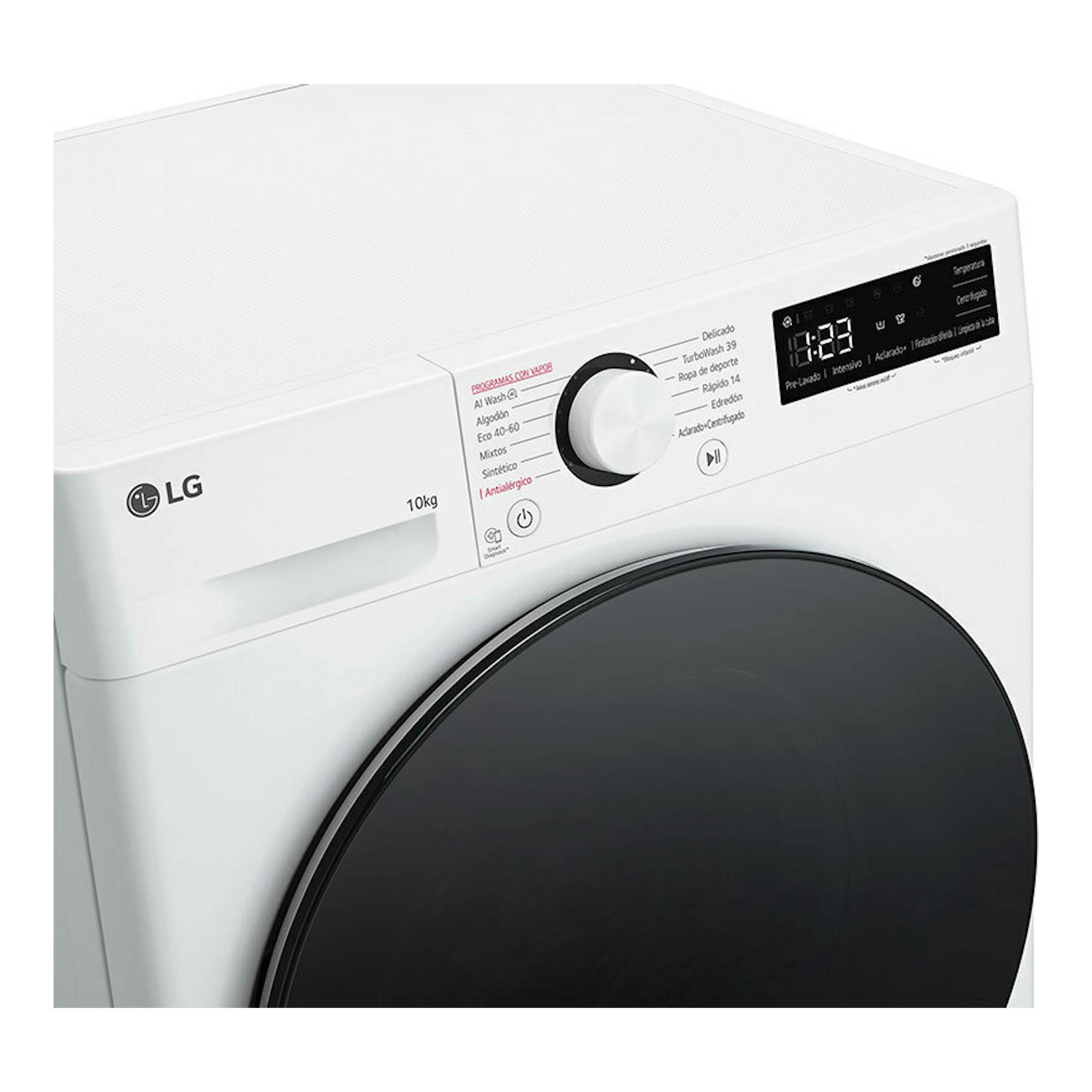 Lavadora LG F4WR6010AGW blanca, vista frontal en ángulo, con puerta negra y panel digital.