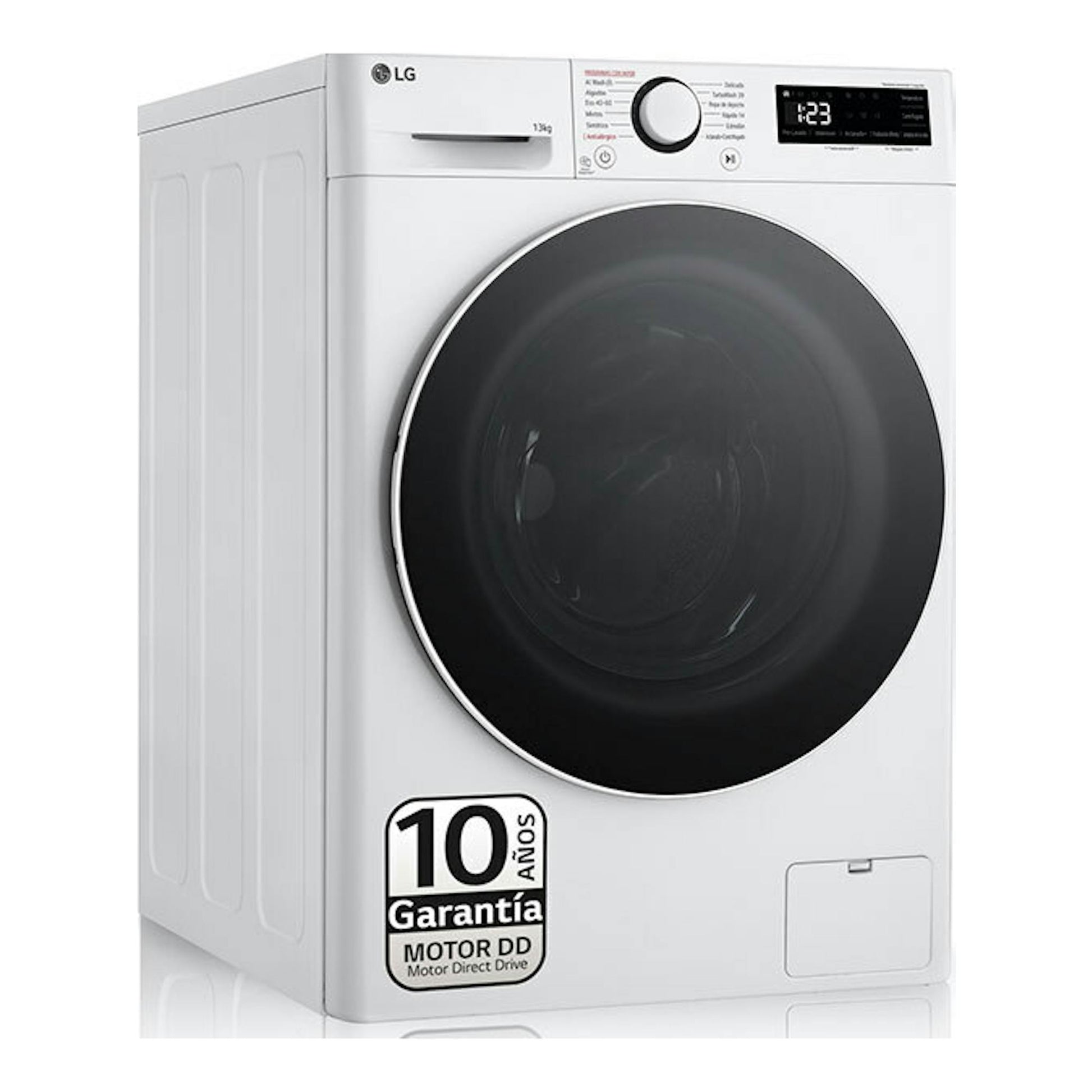 Lavadora LG F4WR6013A0W blanca de 13 kg, vista frontal en ángulo, con puerta circular negra y panel digital.