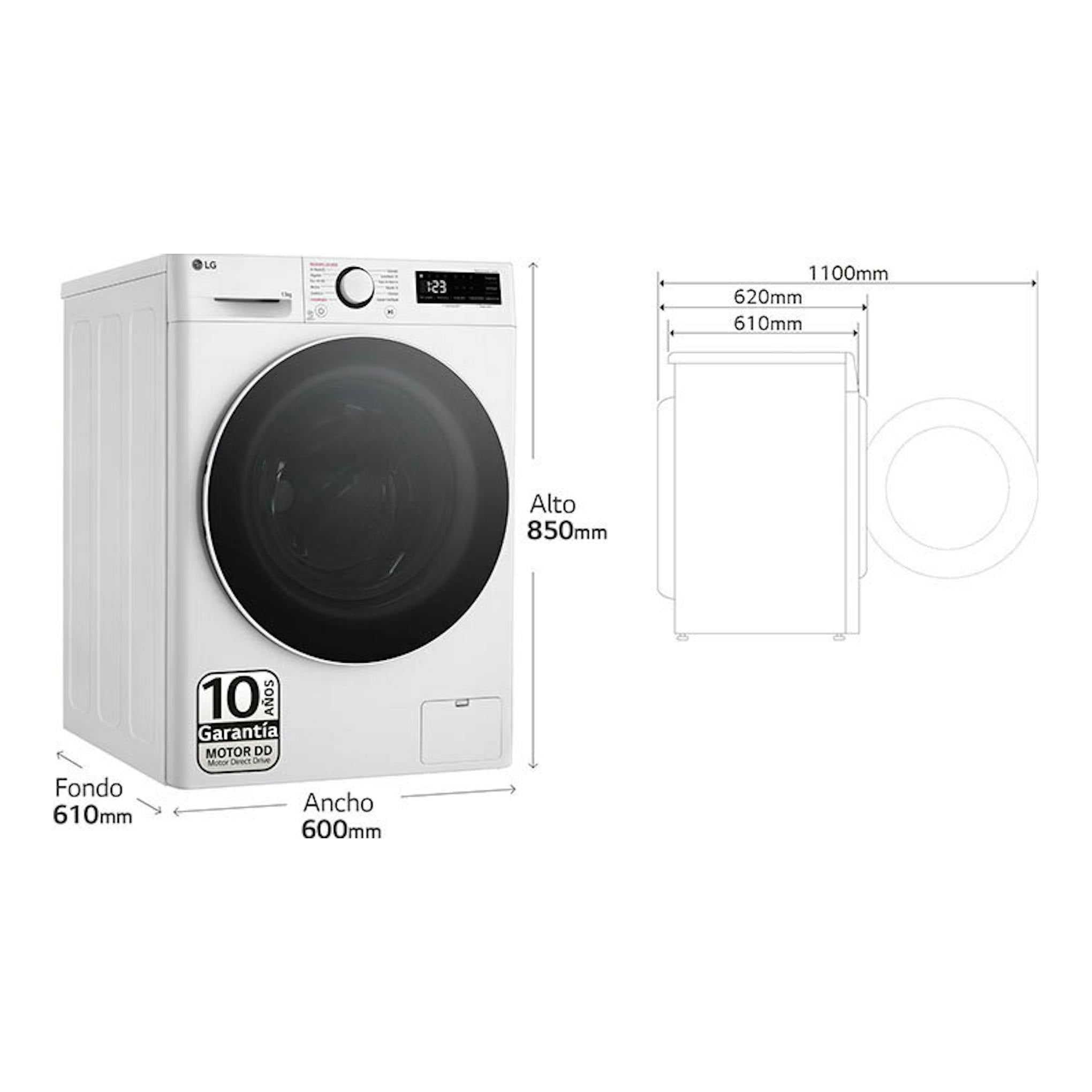 Lavadora LG F4WR6013A0W blanca, vista frontal en ángulo, con puerta negra y esquema de dimensiones.