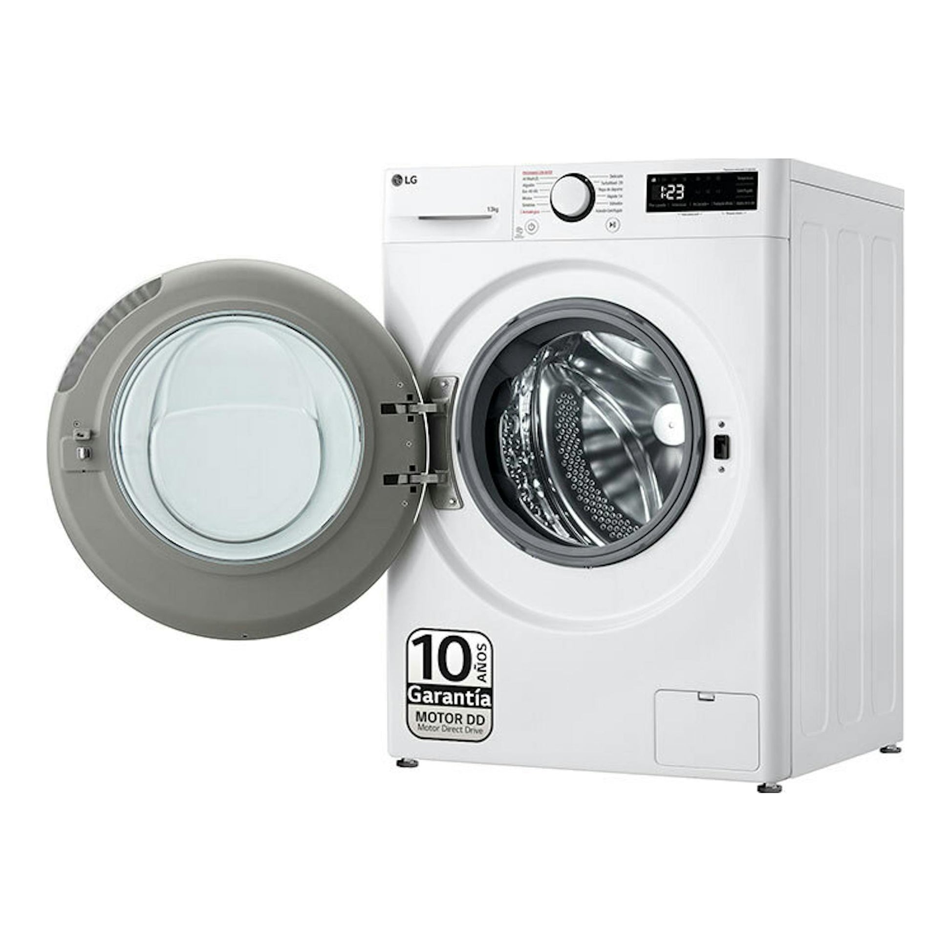 Lavadora LG F4WR6013A0W blanca de carga frontal, con puerta abierta, vista frontal derecha.