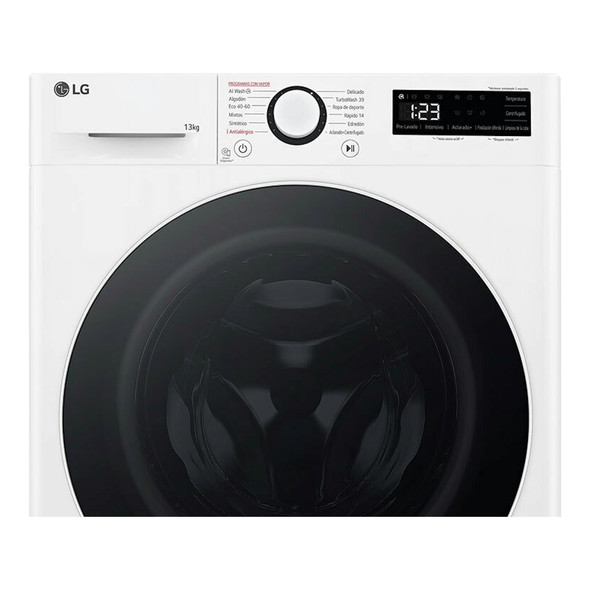 Lavadora LG F4WR6013A0W blanca, vista frontal, con puerta negra y panel digital superior.