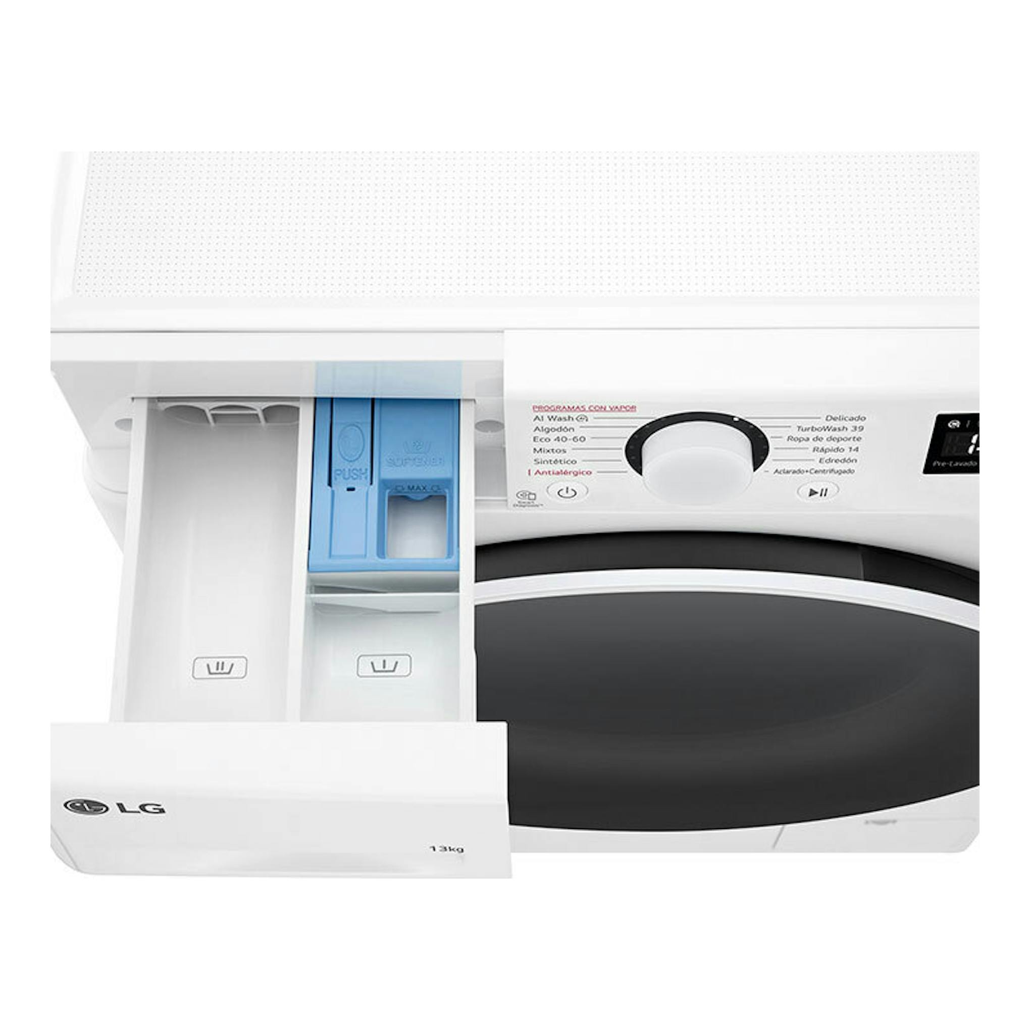 Lavadora LG F4WR6013A0W blanca, vista frontal, con cajón abierto y panel de control visible.